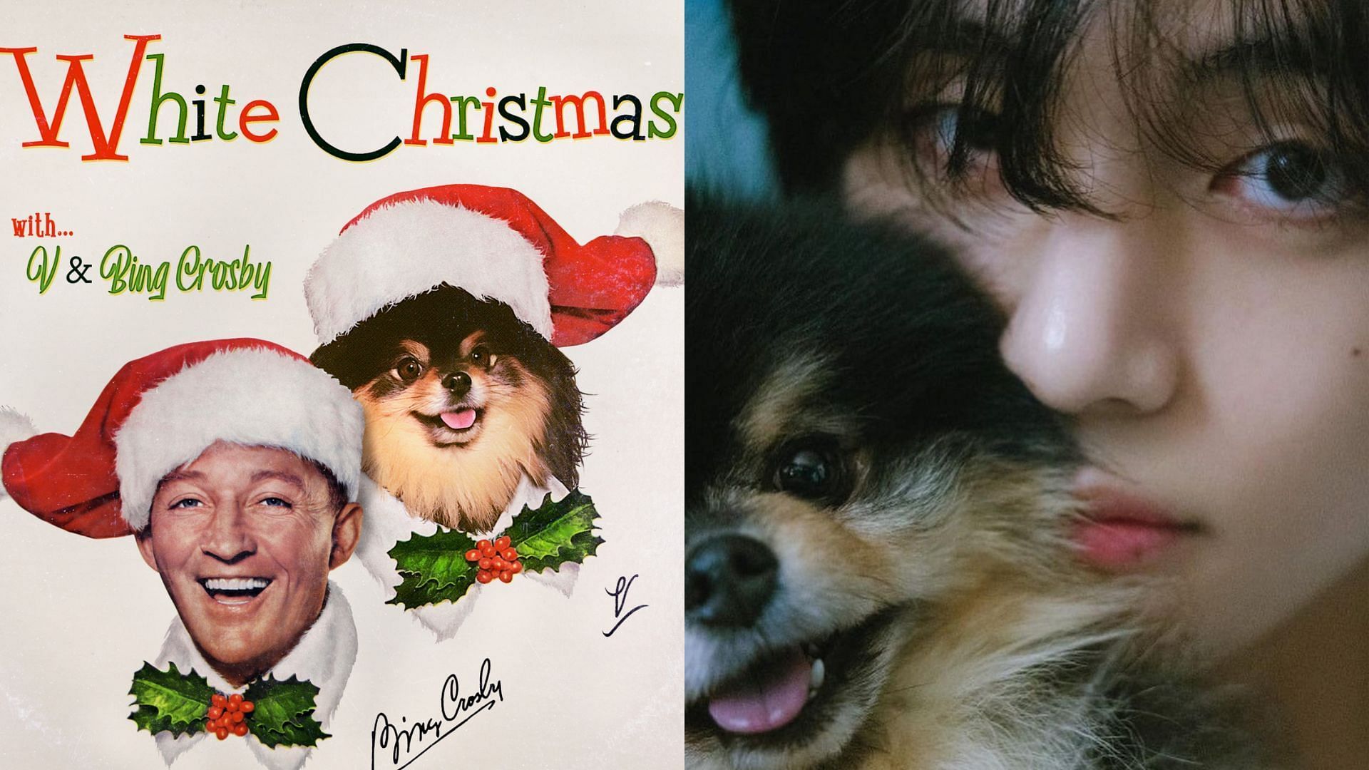 White Christmas cover and Taehyung with Yeontan (Image via X/@bts_bighit, Instagram/@thv)