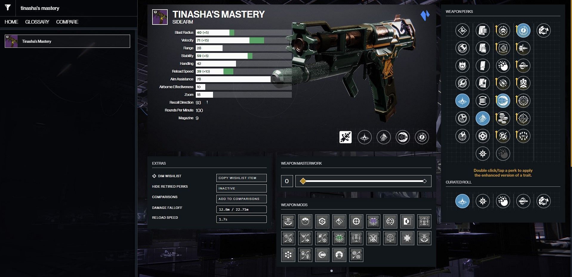 Tinasha&#039;s Mastery PvP god roll (Image via Bungie/D2Gunsmith)