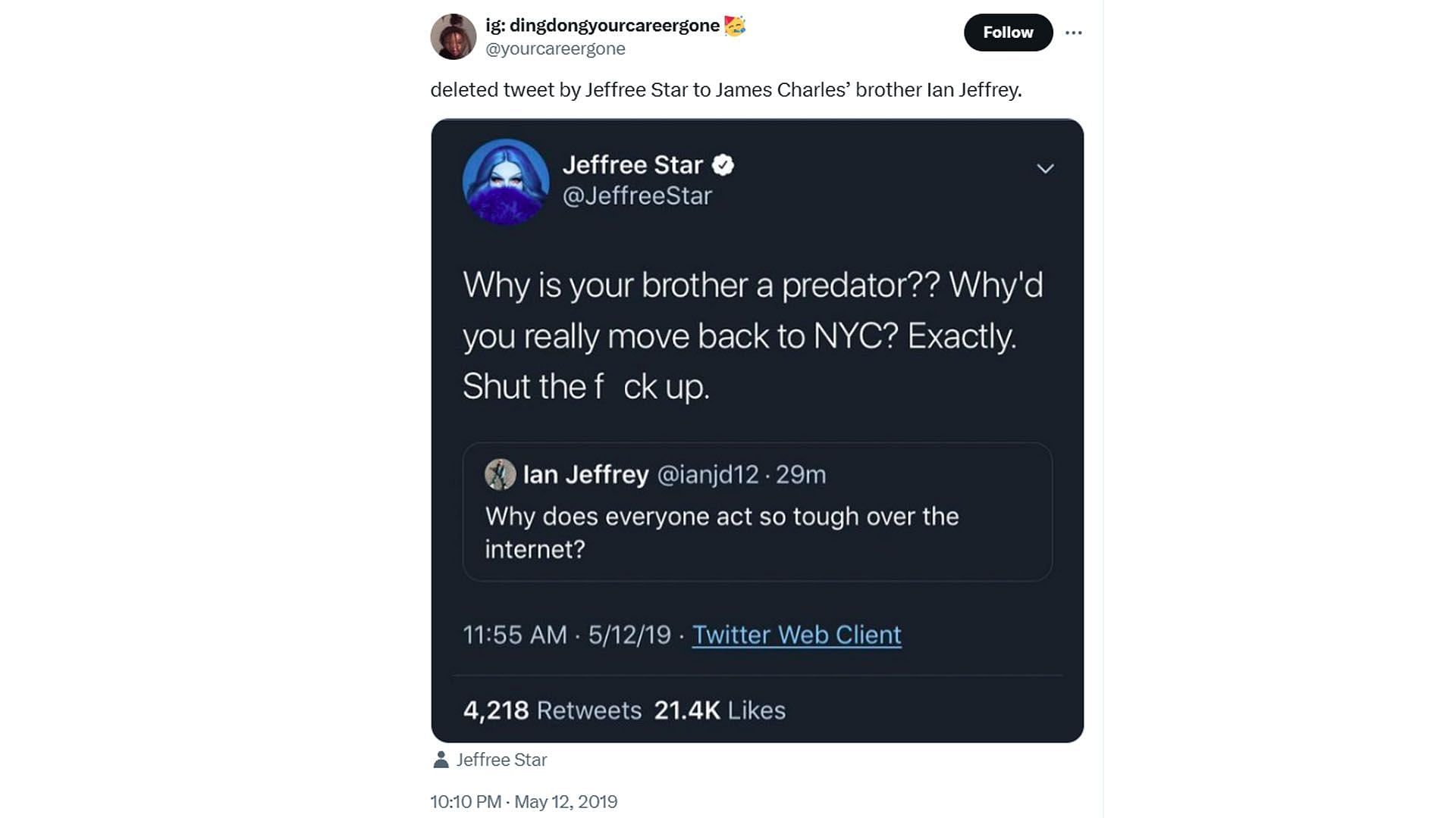 Jeffree Star&#039;s deleted tweet (Image via X/ @yourcareergone)