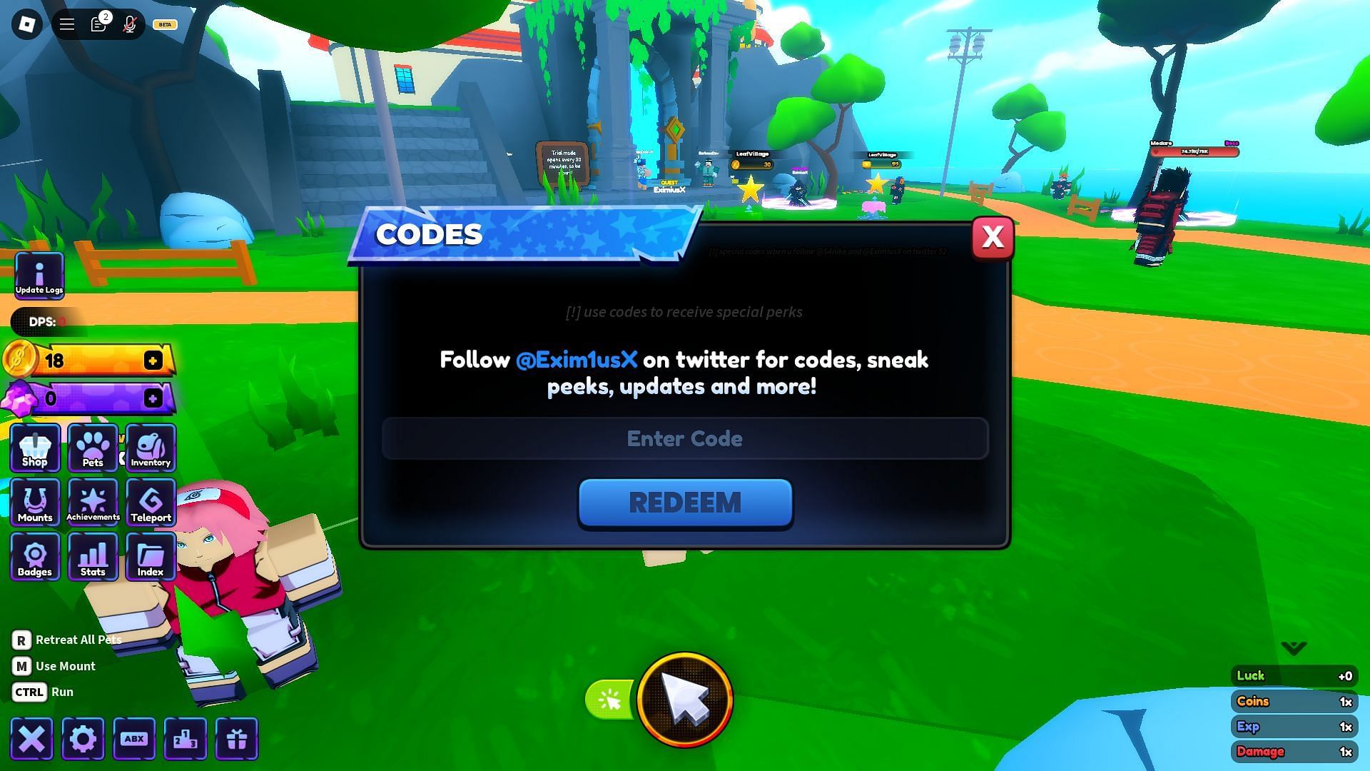 Redeem codes in Anime Shadow (Image via Roblox)