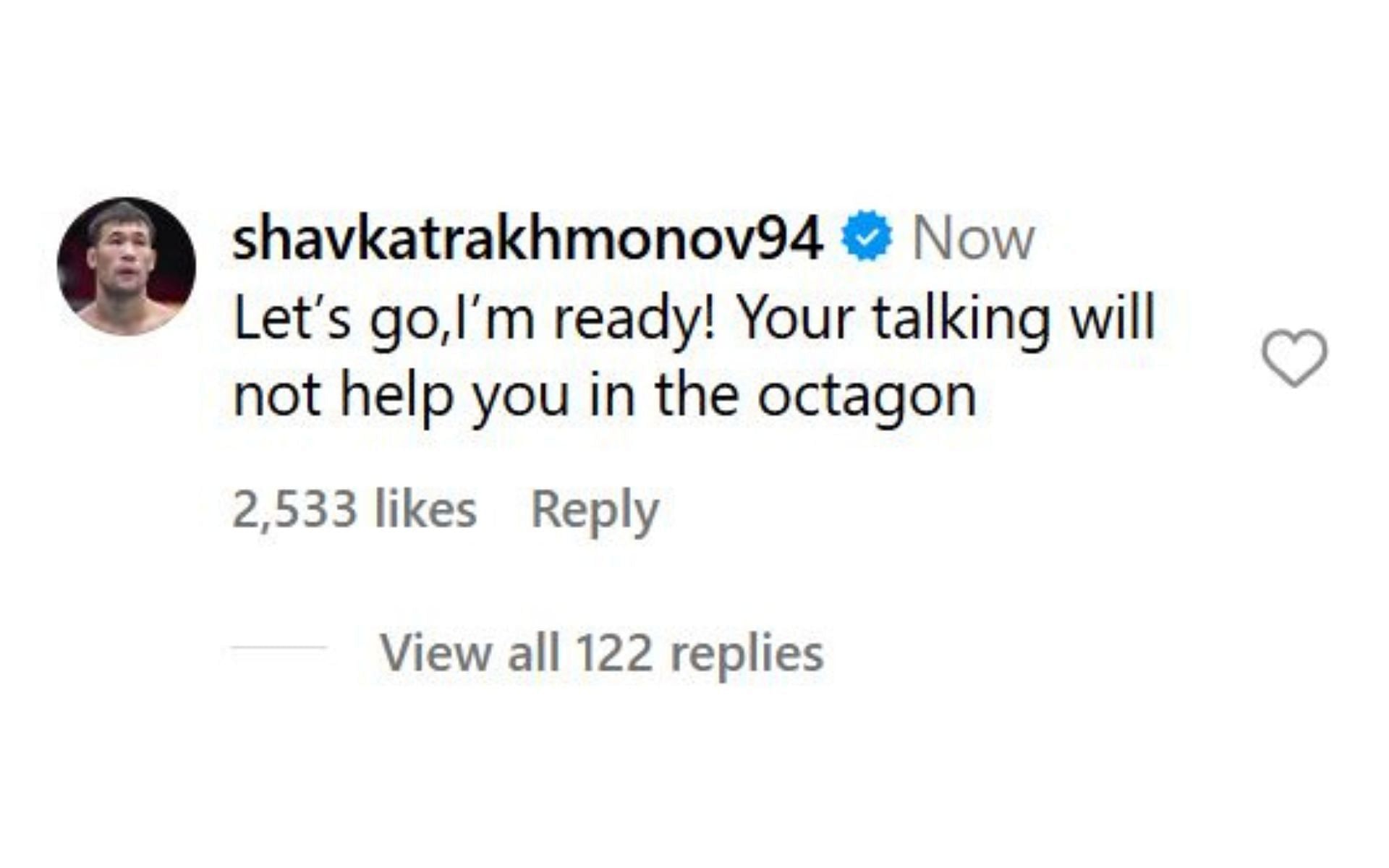 Rakhmonov&#039;s comment. [Screenshot courtesy: @colbycovington on Instagram]