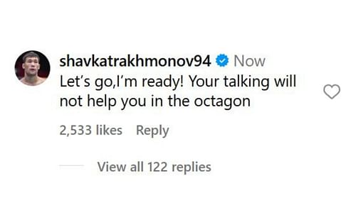 Rakhmonov's comment. [Screenshot courtesy: @colbycovington on Instagram]