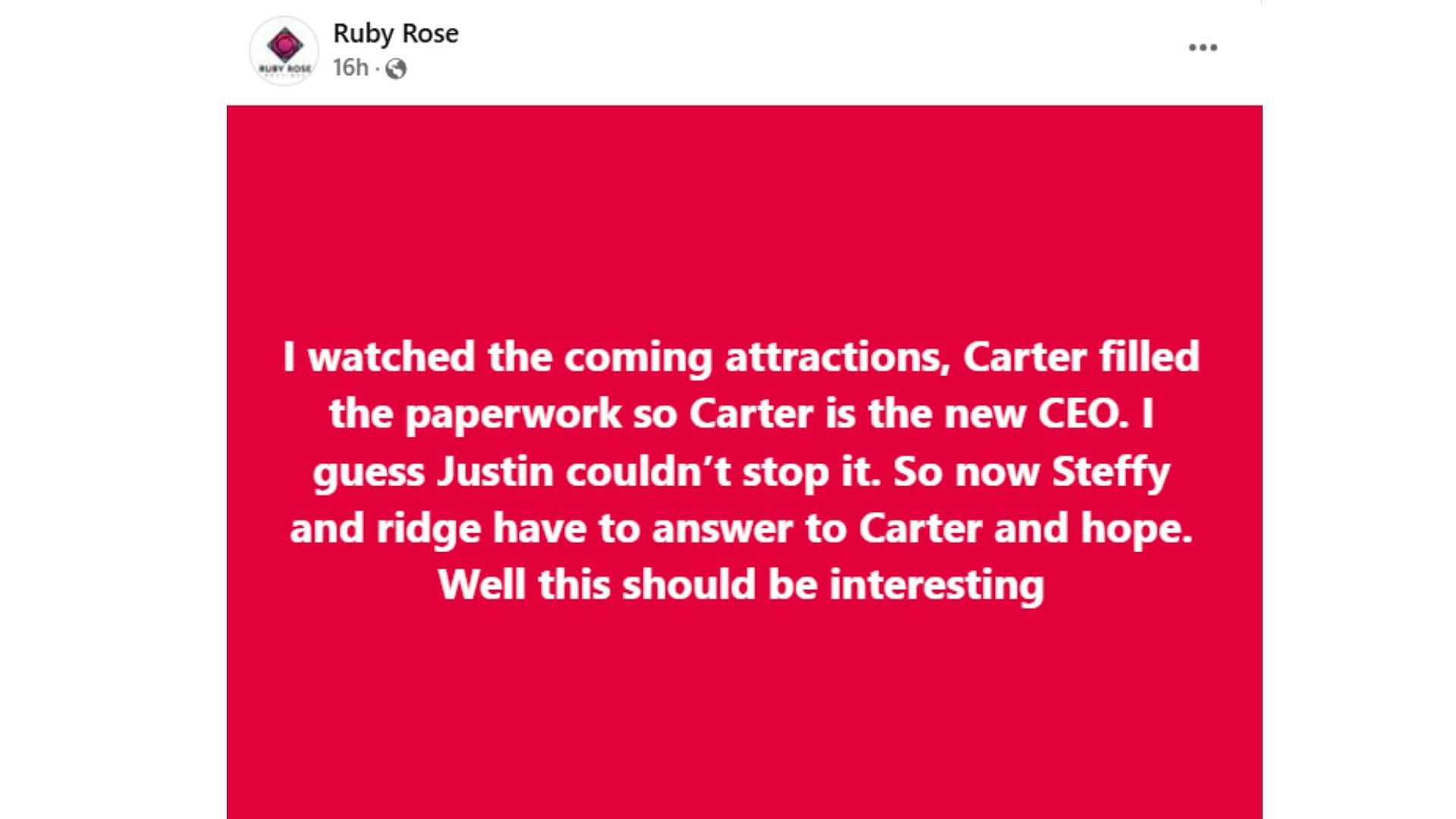 Fan post on Carter becoming Forrester Creations&#039; new CEO (Image via Facebook/@TheBoldandTheBeautiful)