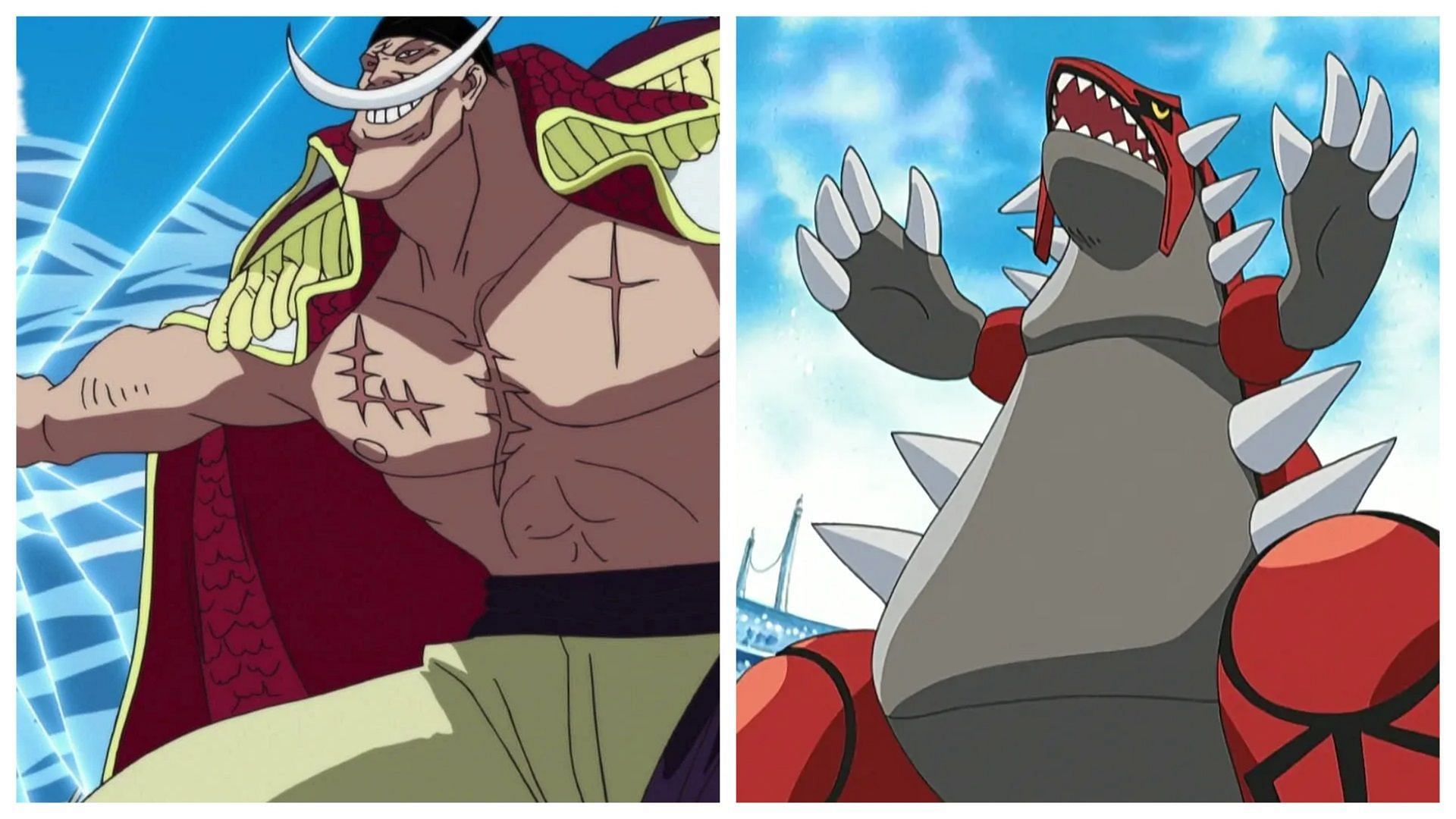 Whitebeard in One Piece and Groudon in Pok&eacute;mon (Image via Toei Animation/The Pok&eacute;mon Company)