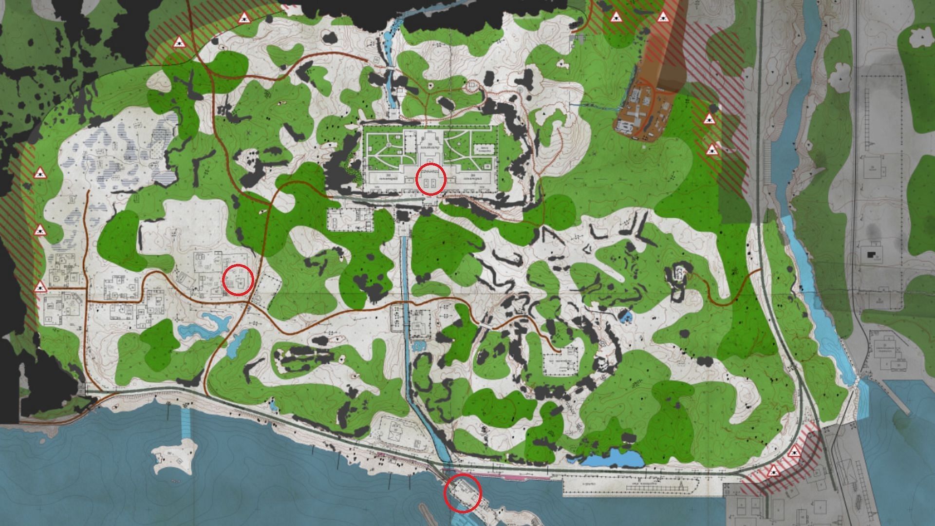 Locations of all medical boxes on Shoreline(Image via Battlestate Games)