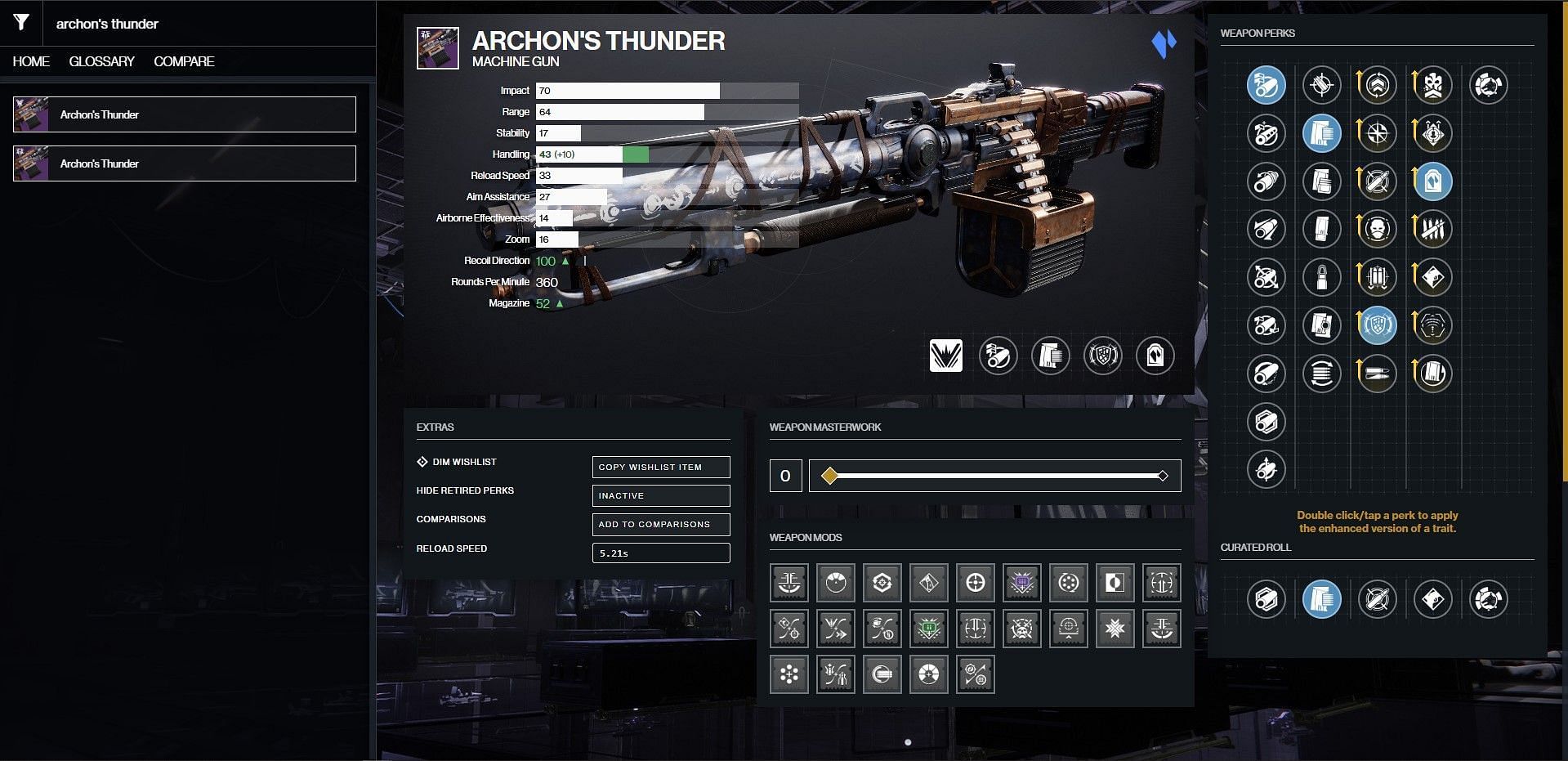 Archon&#039;s Thunder PvE god roll (Image via Bungie/D2Gunsmith)