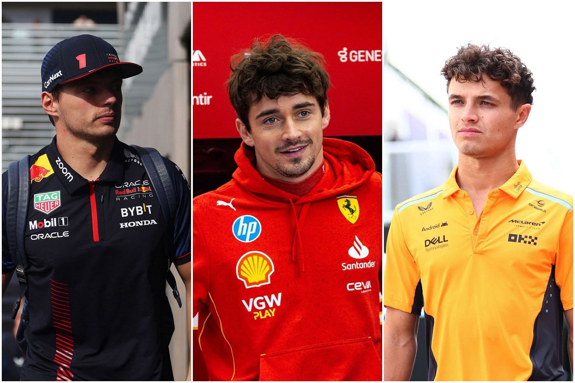 Max Verstappen (L), Charles Leclerc (C) and Lando Norris (R) (Images via Getty)