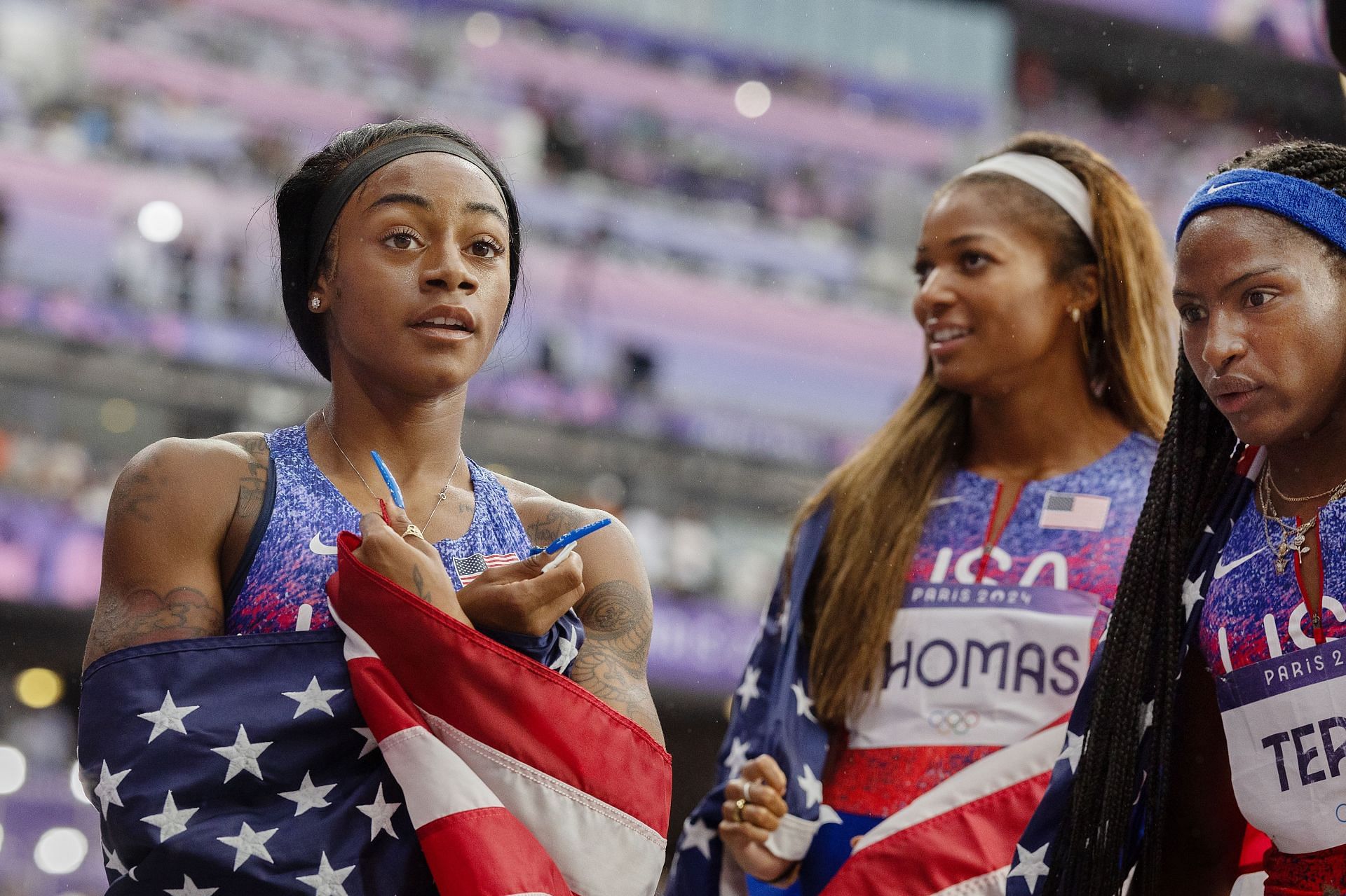 Sha&#039;Carri Richardson with her relay teammates at the Olympic Games Paris 2024: Day 14 - (Source: Getty)