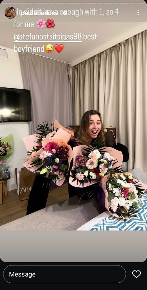 Badosa's Instagram Story featuring her posing with the flower bouquets gifted to her by boyfriend Stefanos Tsitsipas (Source: Instagram/Paula Badosa)