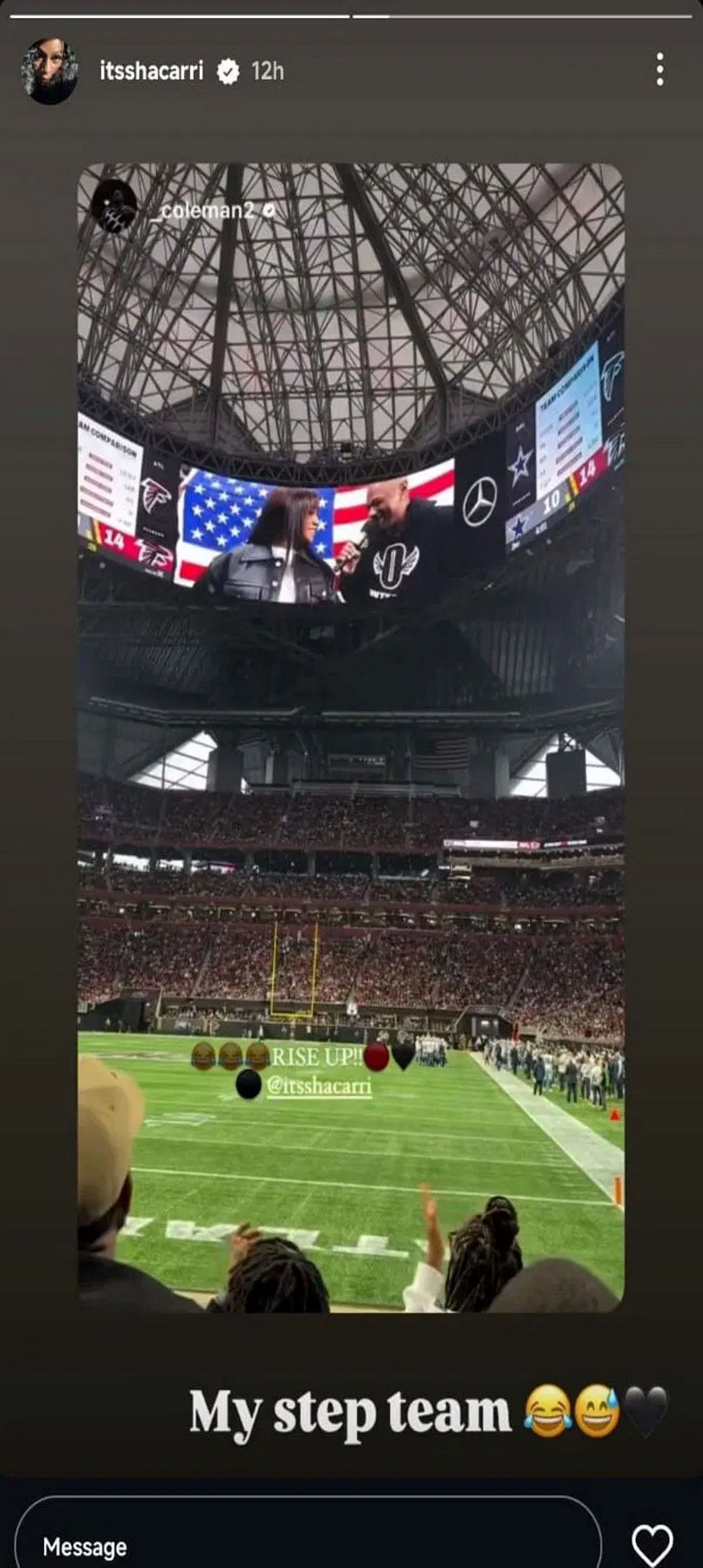 Sha&#039;Carri Richardson reacts to Christian Coleman&#039;s photo of hers a the NFL match-up between Cowboys and Falcons; Instagram - @itsshacarri