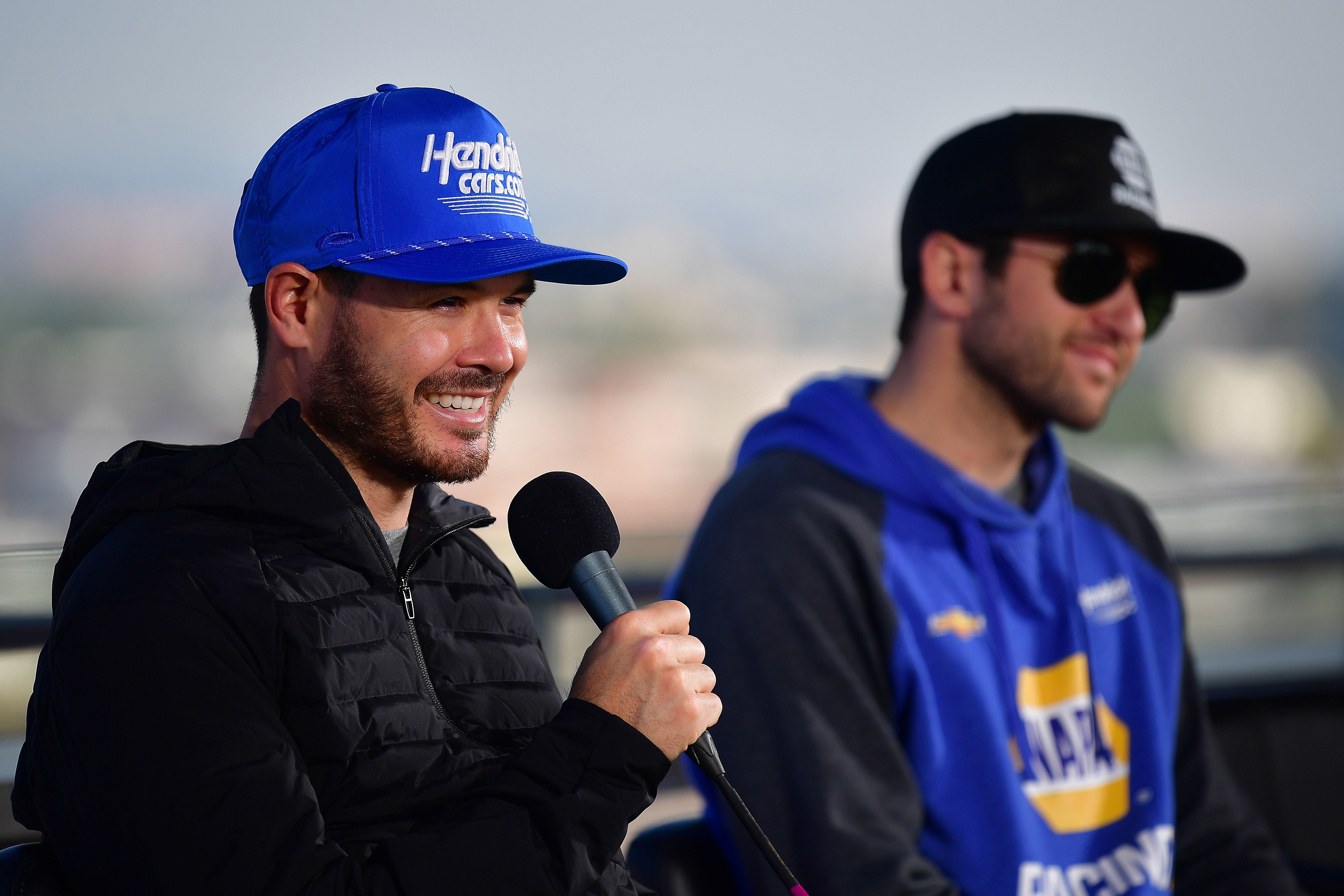 Kyle Larson (5) and driver Chase Elliott (9) during media availabilities at Los Angeles Memorial Coliseum. Mandatory Credit: Gary A. Vasquez-Imagn Images