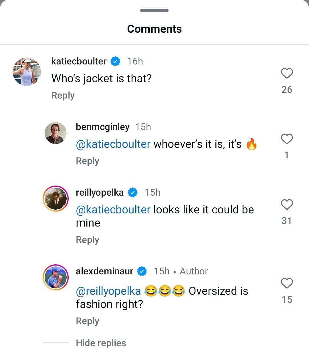 Katie Boulter, Alex de Minaur and Reilly Opelka&#039;s hilarious exchange over the Aussie&#039;s jacket (Source: Instagram/Alex de Minaur)