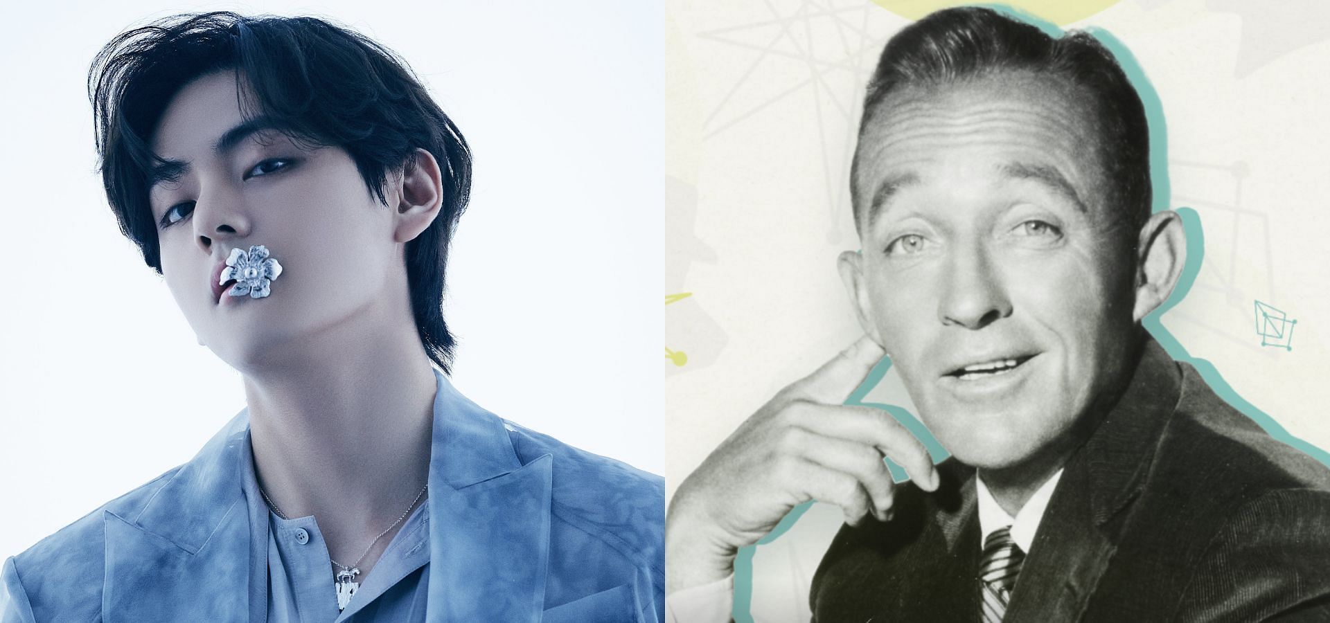 Bing Crosby&rsquo;s family shares excitement over BTS&rsquo; Taehyung&rsquo;s &lsquo;White Christmas&rsquo; collaboration. (Images via X/@BIGHIT_MUSIC and Bing Crosby website)