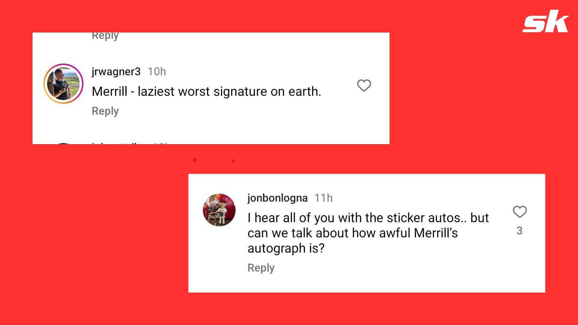 MLB fans blaming Merrill for not putting together a more elaborate signature on the Topps card