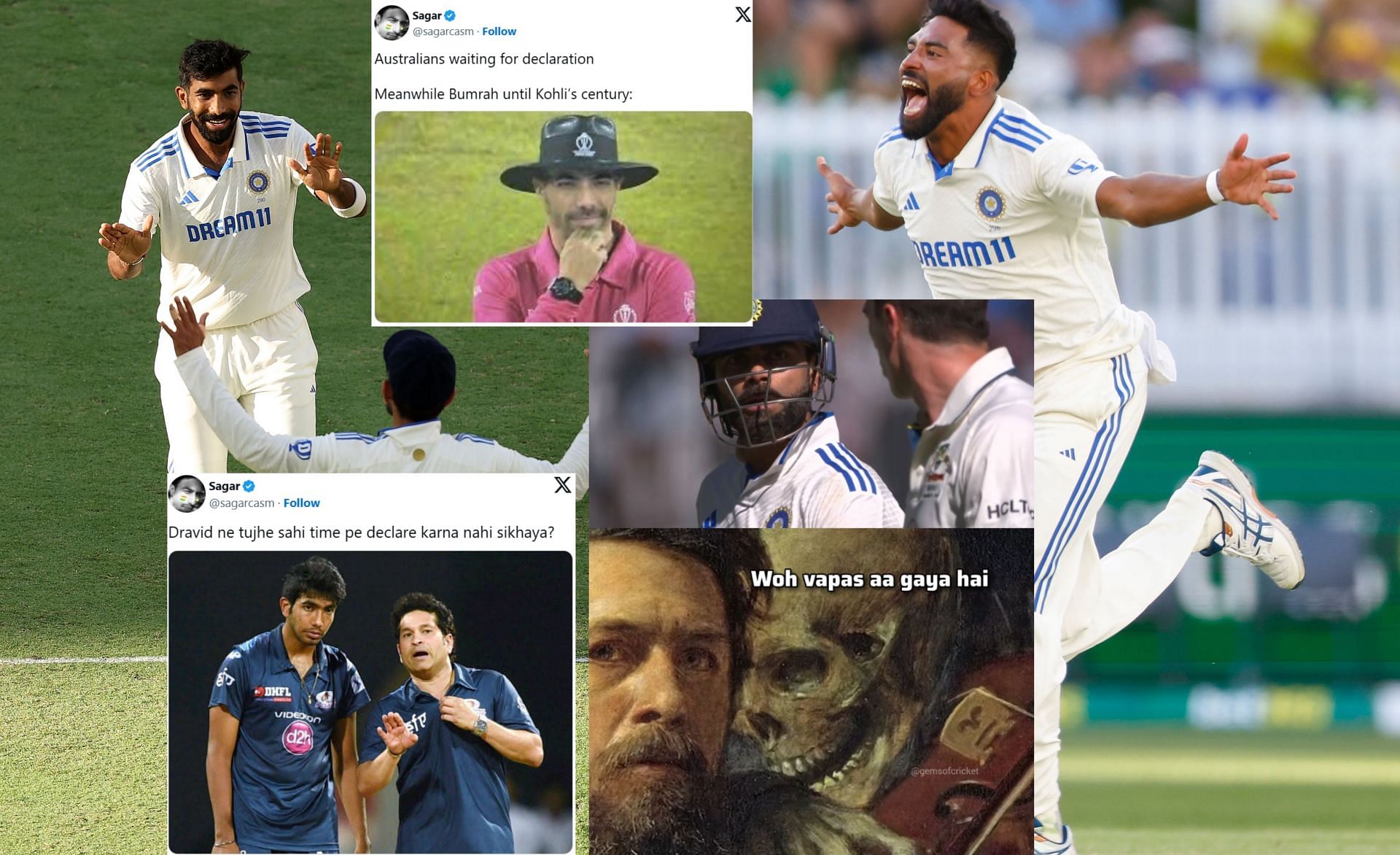 Fan reactions from Day 3 of IND vs AUS 1st Test. (Image: X - @BCCI, @GemsOfCricket, @sagarcasm)