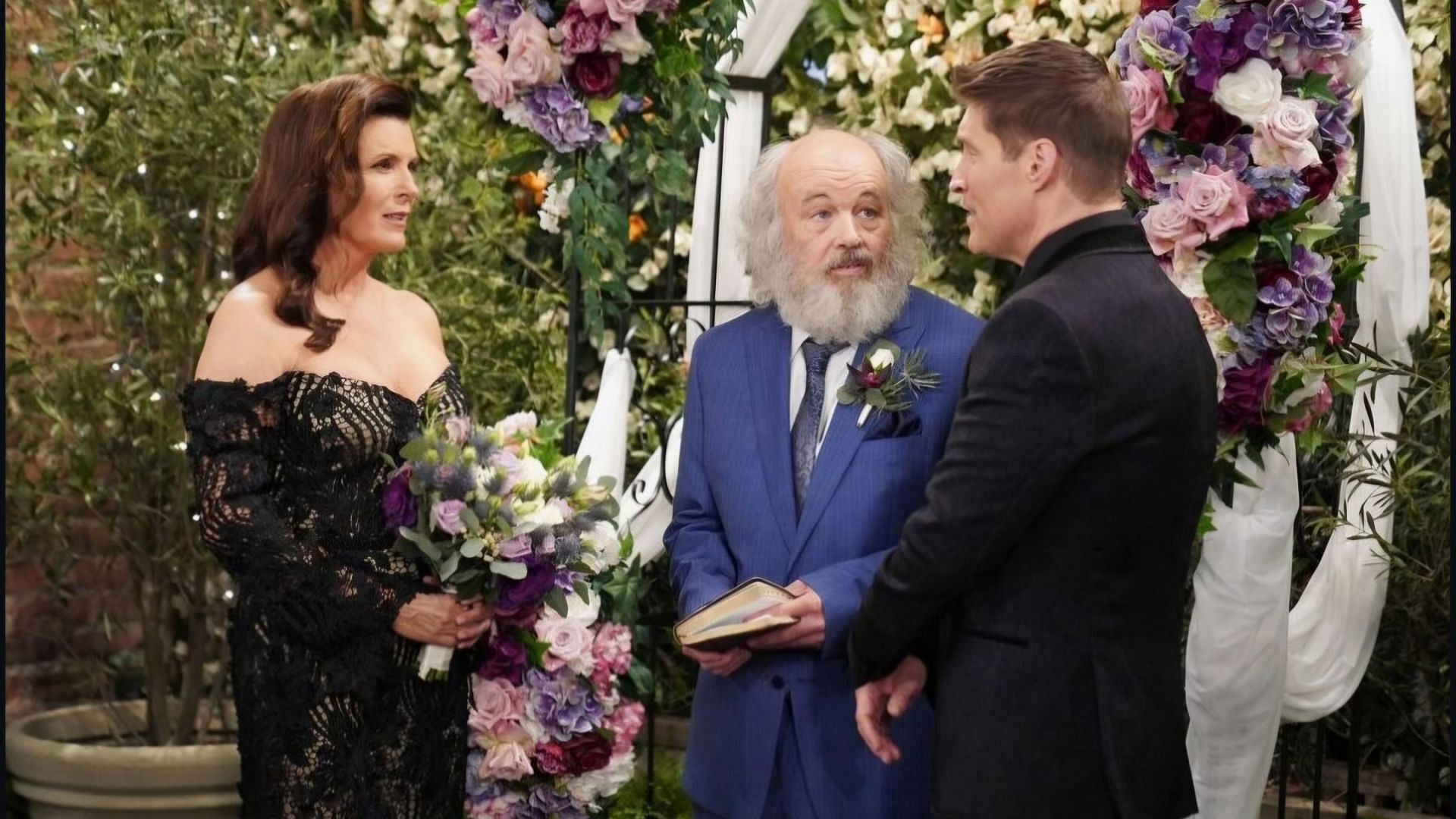 Sheila Carter&#039;s wedding to Deacon Sharpe, officiated by Tom Starr at Il Giardino in a still from the soap. (Image via Instagram/@boldandbeautifulcbs)