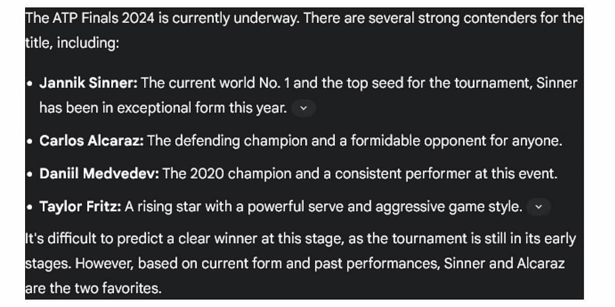 Google&#039;s Gemini AI&#039;s prediction about the ATP Finals 2024 title contenders