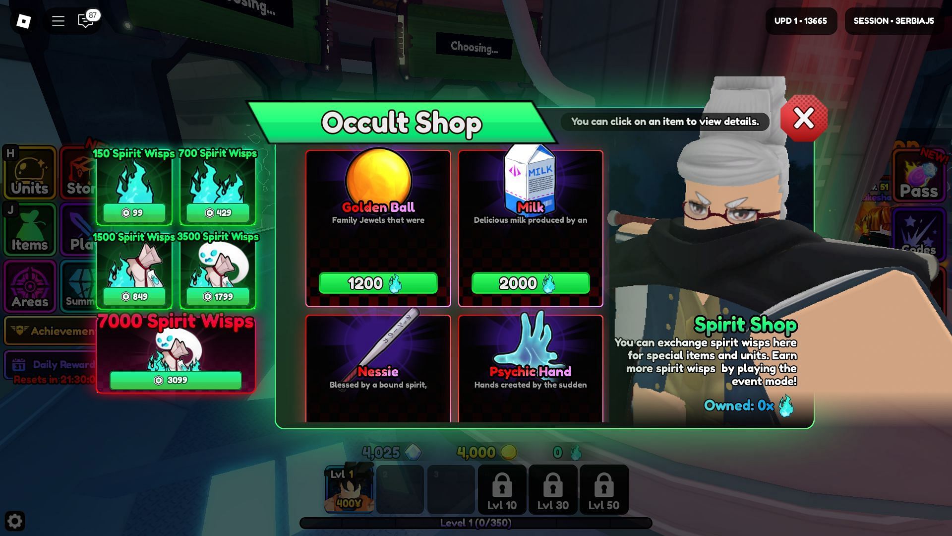 Purchase items from the event shop using Spirit Wisps (Image via Roblox)