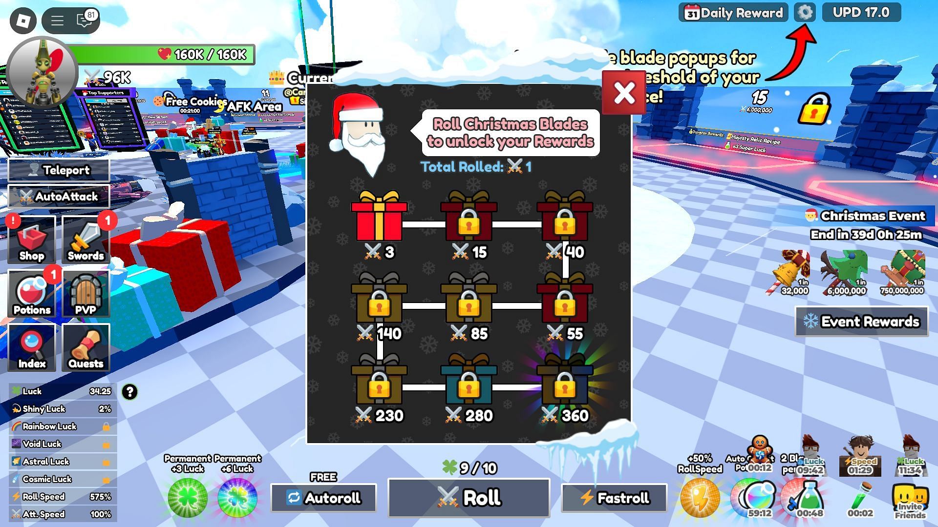 Find the Christmas-themed blades to unlock new rewards (Image via Roblox)