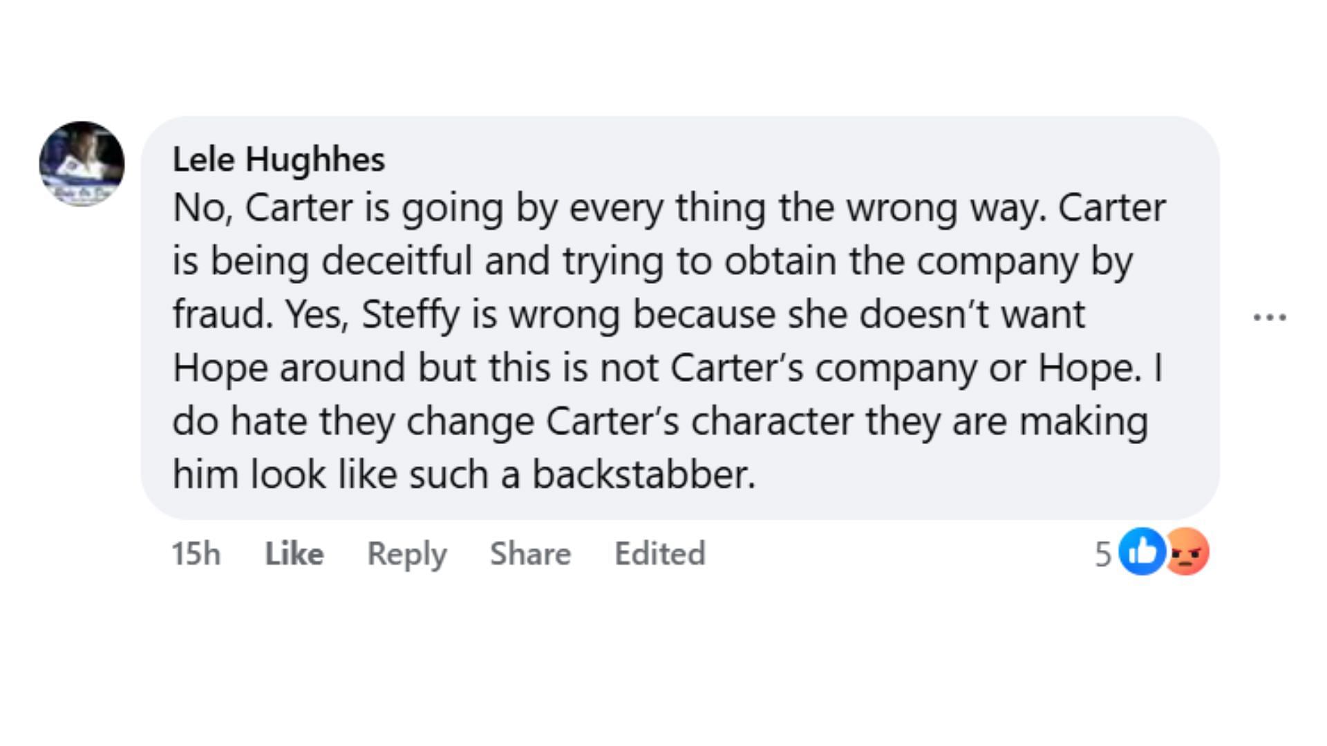 Another fan disapproves Carter&#039;s move (Image via Facebook/The Bold and the Beautiful/Ruby Rose)