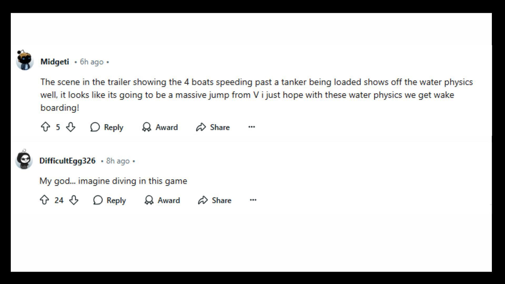 Fans discuss Grand Theft Auto 6&#039;s water physics 1/2 (Images via Reddit)