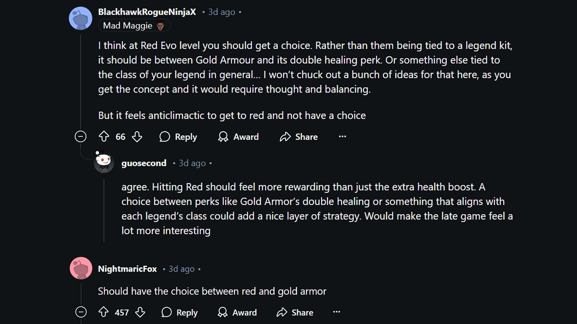 Apex community comment on the choice between Red and Gold Armor (Image via Reddit.com)