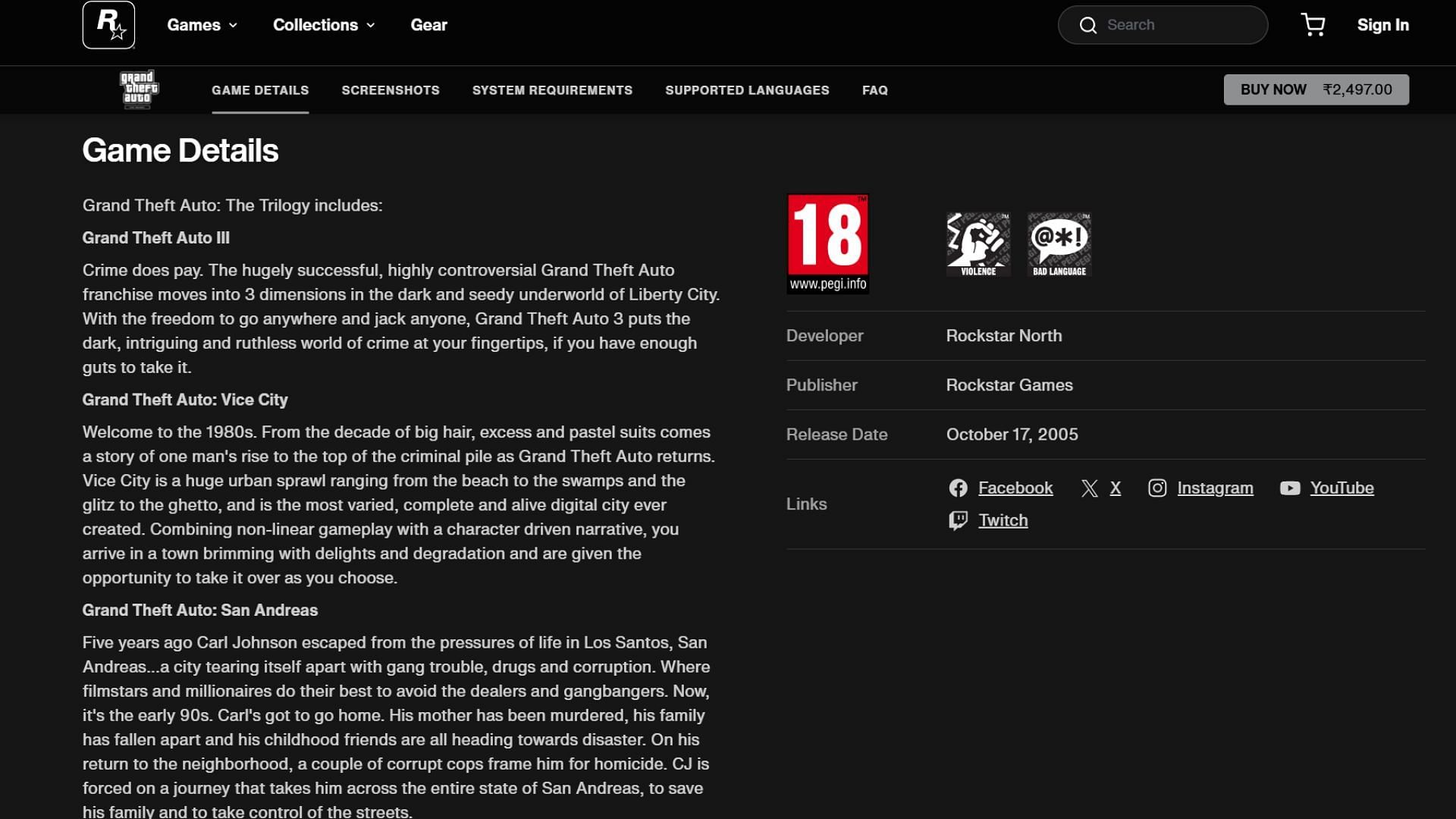 Grand Theft Auto: The Trilogy&rsquo;s PEGI rating as shown on Rockstar Games&#039; official website (Image via Rockstar Games)