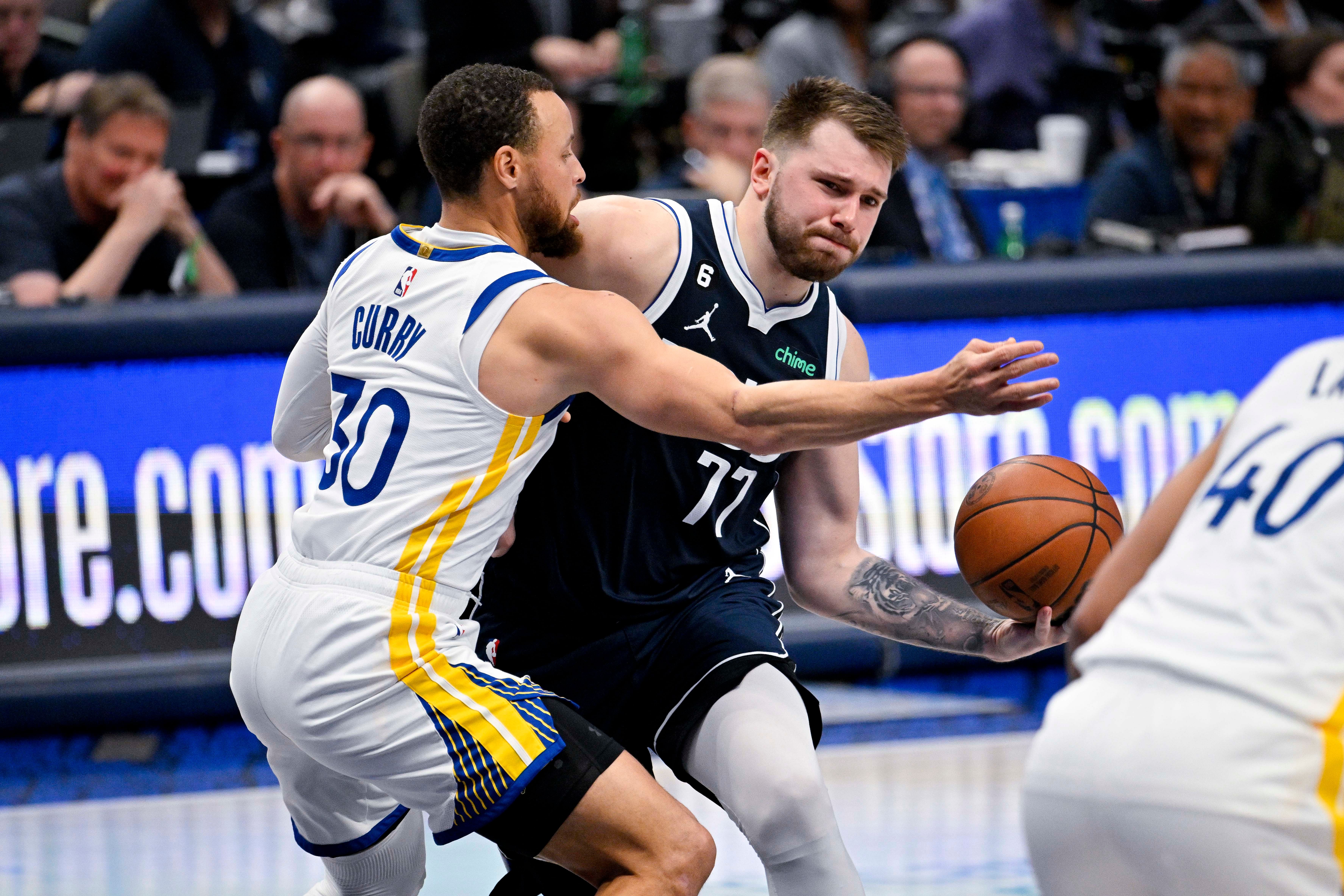 Golden State Warriors and Dallas Mavericks superstar guards Steph Curry and Luka Doncic (Image Credit: Jerome Miron-Imagn Images)