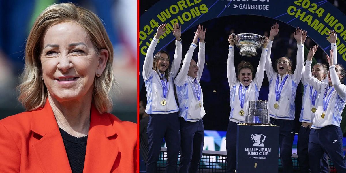 Chris Evert (L) Jasmine Paolini lifts the Billie Jean King Cup trophy with Team Italy (R) | Getty