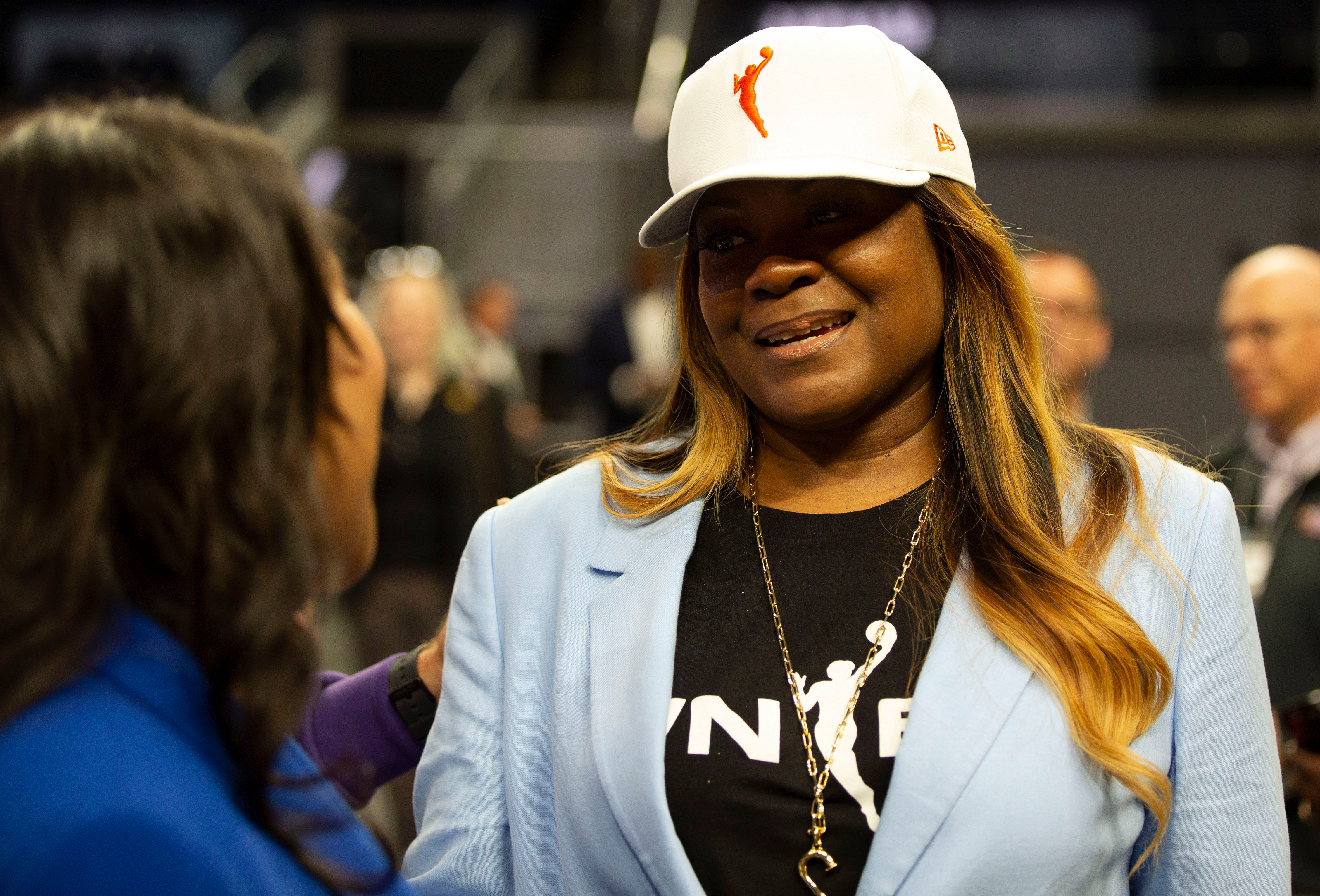 San Francisco mayor London Breed (left) chats with basketball great Sheryl Swoopes following a press conference to announce an expansion WNBA franchise at Chase Center. Photo Credit: Imagn