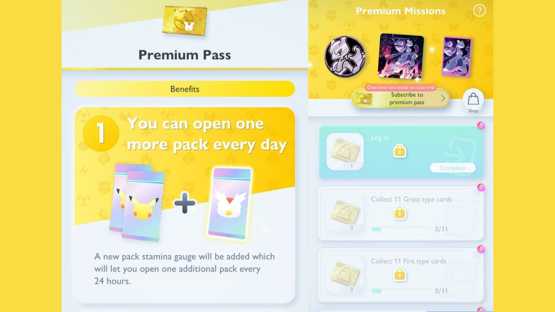 The Pokemon TCG Pocket Premium Pass includes one bonus pack and multiple missions (Image via The Pokemon Company)