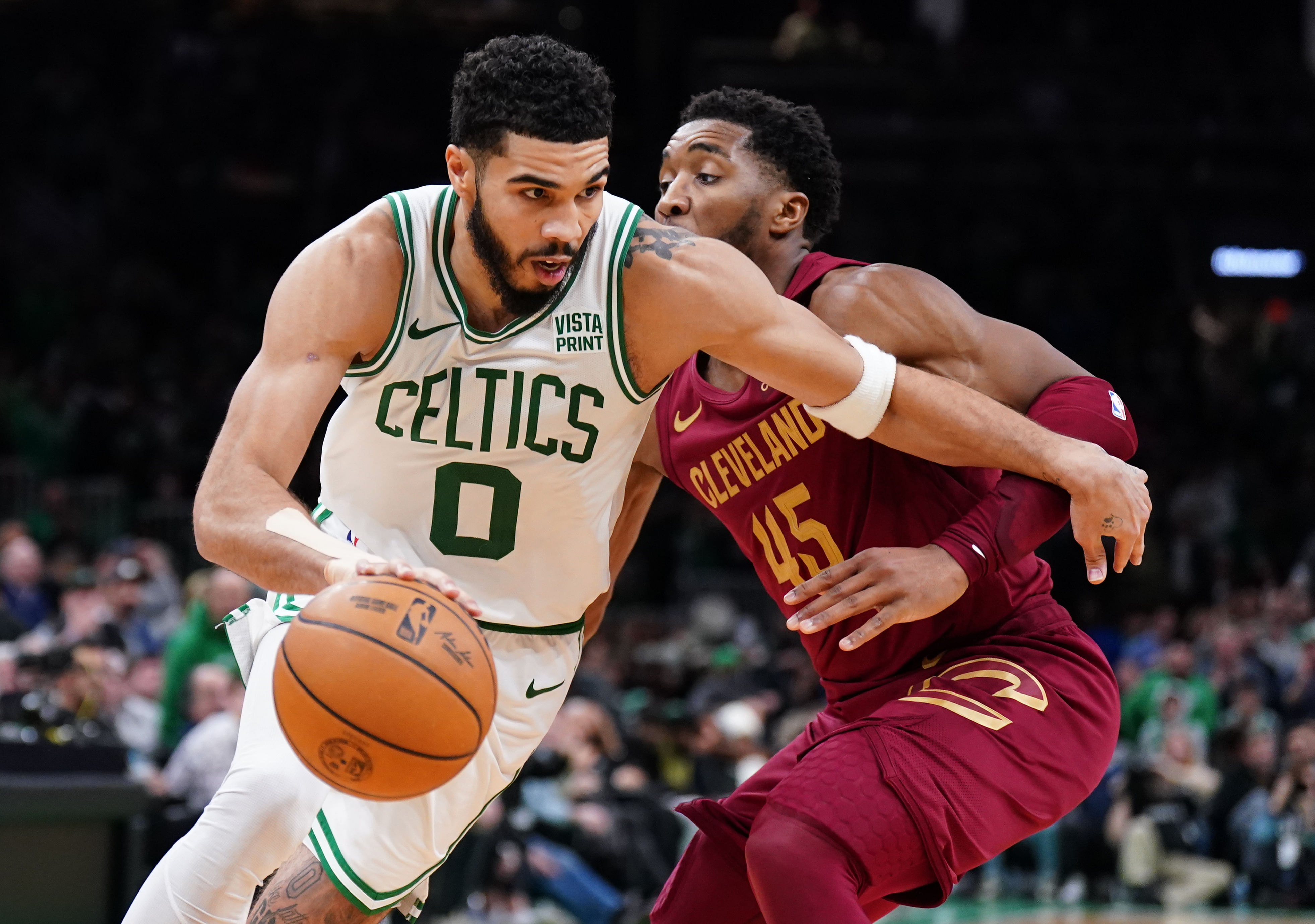 Boston Celtics superstar forward Jayson Tatum and Cleveland Cavaliers star shooting guard Donovan Mitchell (Image Credit: David Butler II-Imagn Images)