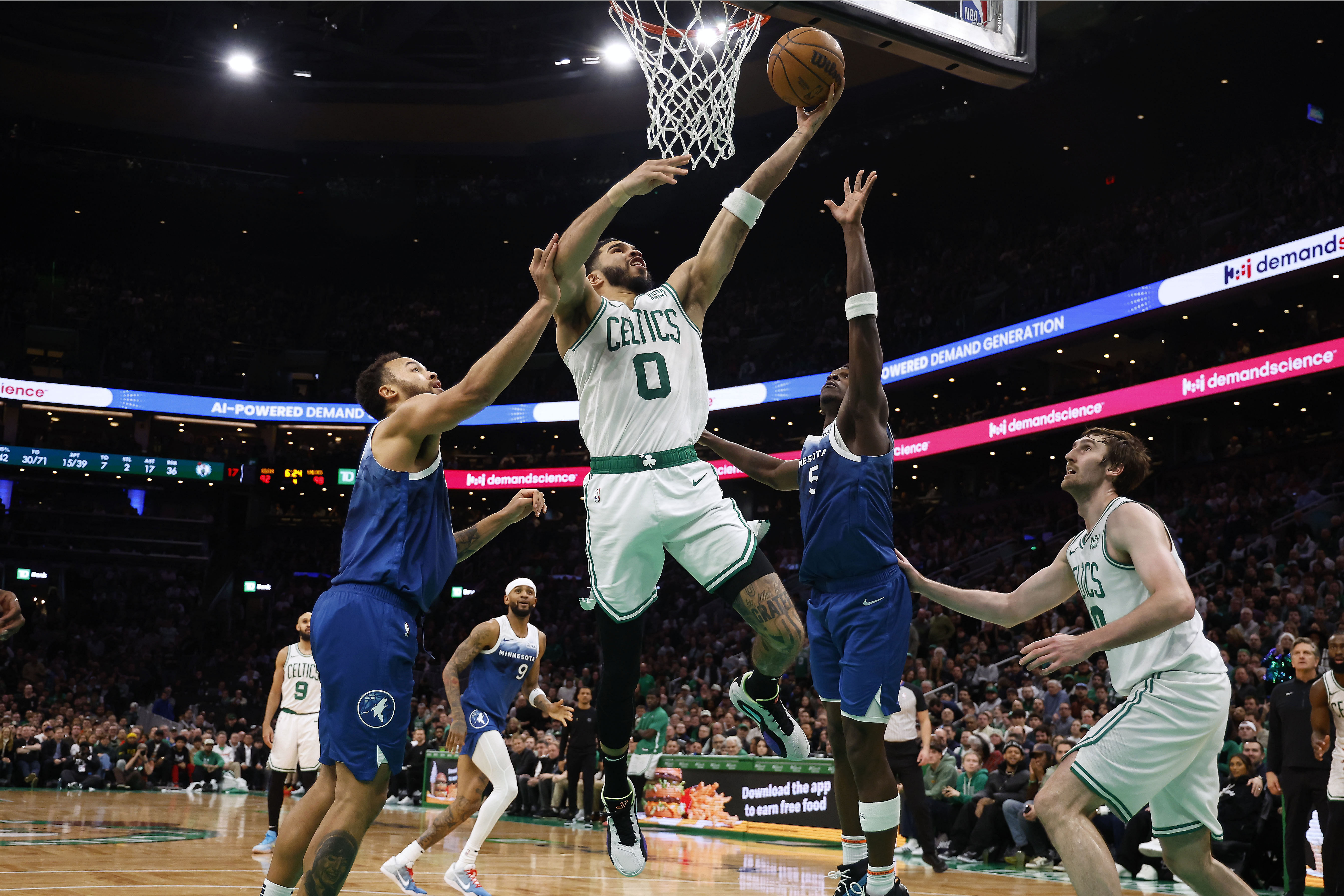 Boston Celtics forward Jayson Tatum goes to the basket against the Minnesota Timberwolves at TD Garden. Photo Credit: Imagn