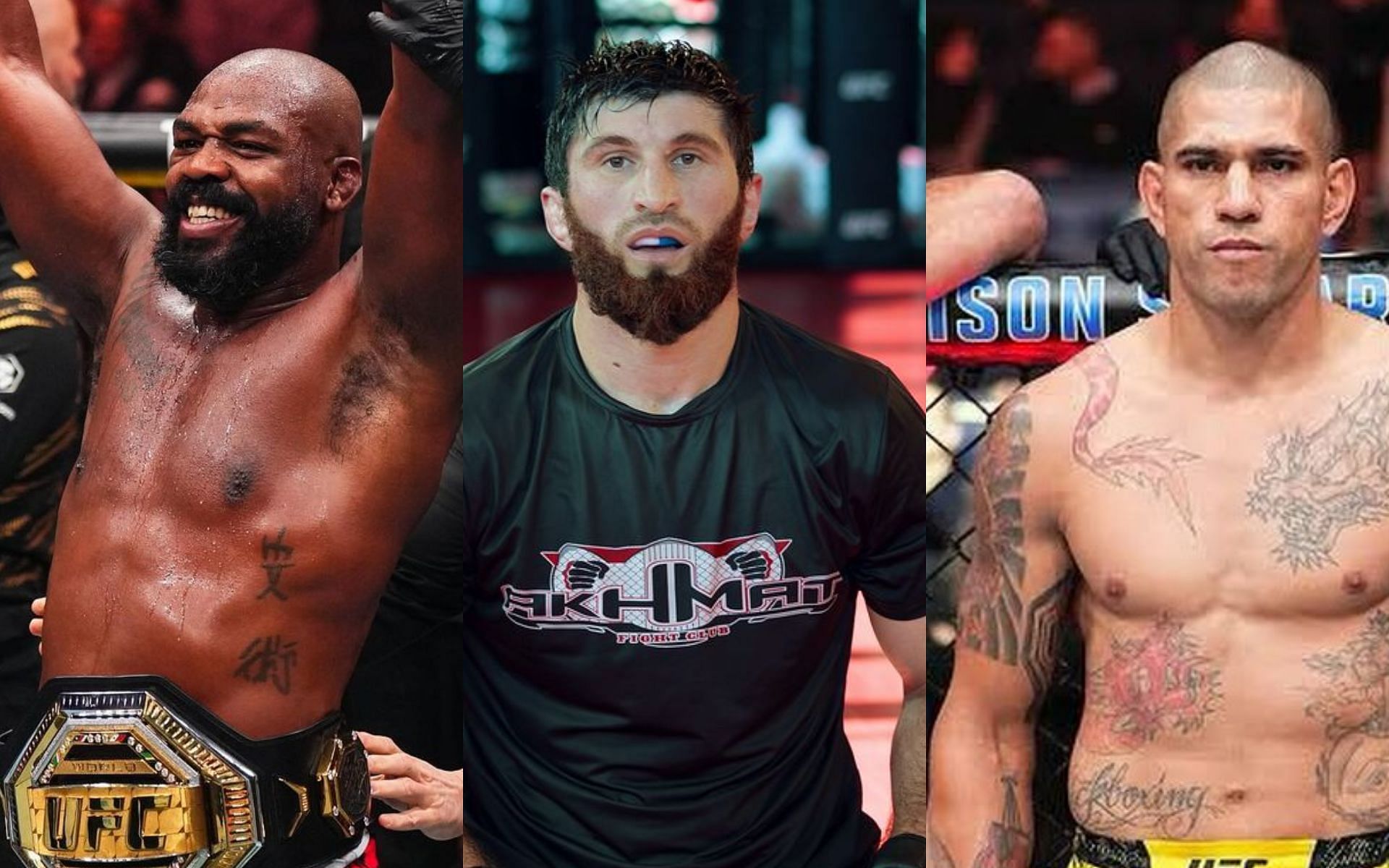 Magomed Ankalaev (middle) shares his thoughts on facing Alex Pereira (right) or Jon Jones (left) next. [Image courtesy: @jonnybones, @ankalaev_magomed and @alexpoatanpereira on Instagram]