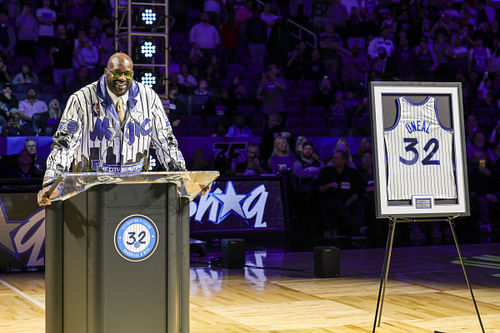 Shaquille O'Neal during a postgame ceremony where the Orlando Magic retired his #32 jersey at Amway Center (Credits: IMAGN)