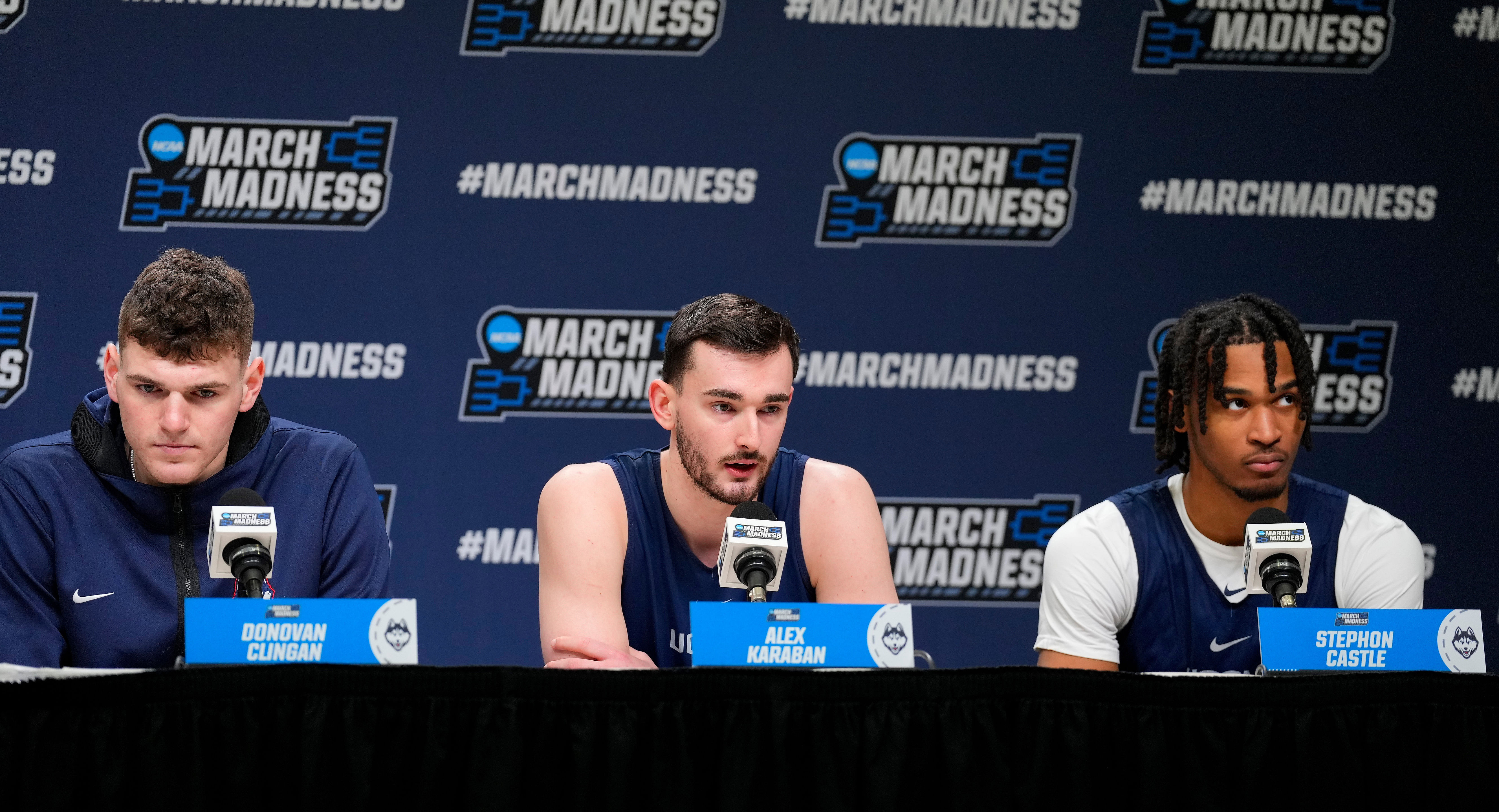 Connecticut Huskies stars Donovan Clingan, Alex Karaban and Stephon Castle talk to the media at a press conference at Barclays Center. Photo: Imagn