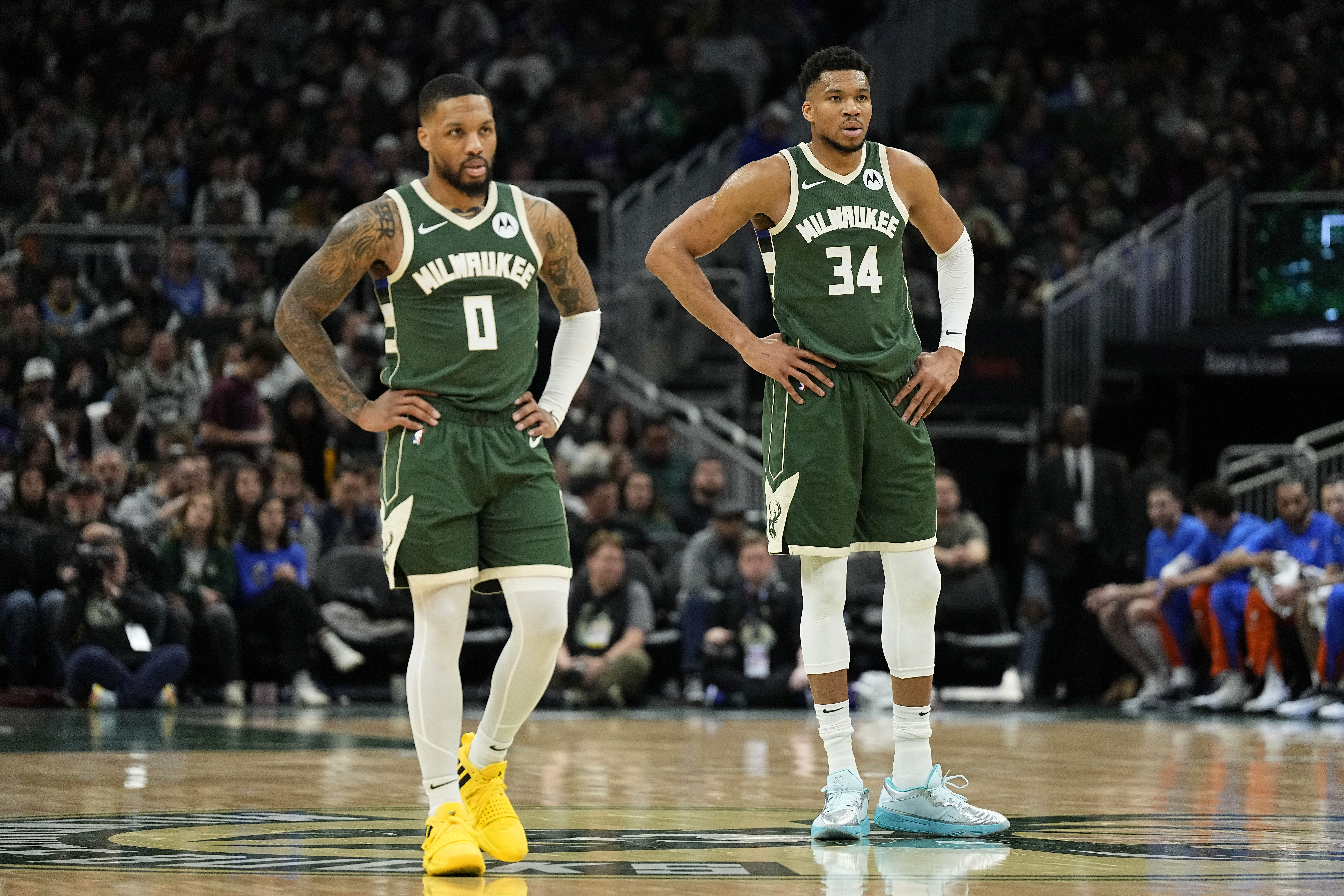 Milwaukee Bucks forward Giannis Antetokounmpo and guard Damian Lillard during a game against the Oklahoma City Thunder at Fiserv Forum. Photo Credit: Imagn