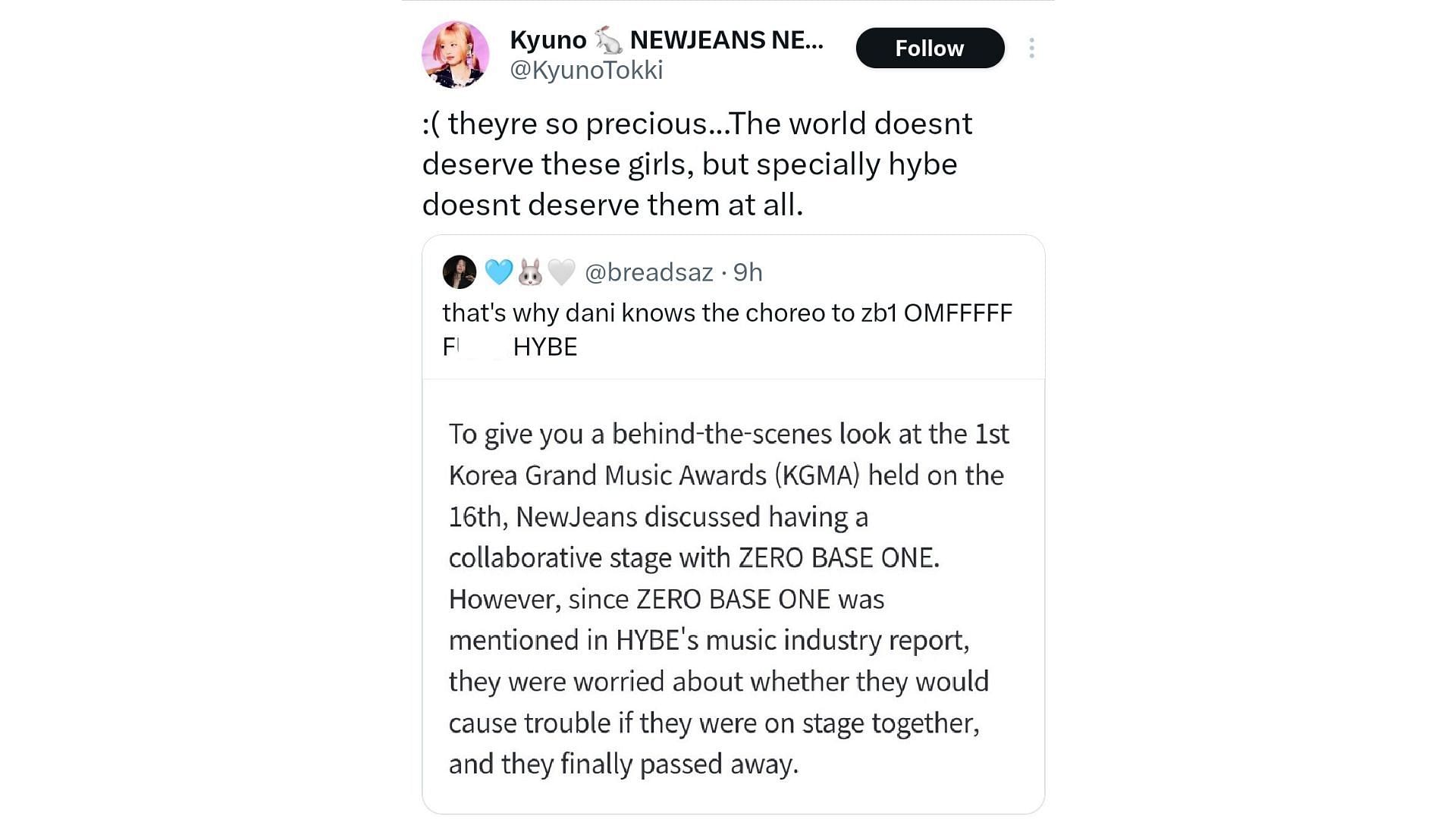 Fans react to NewJeans allegedly declining collab stage with ZEROBASEONE (Image via X/@KyunoTokki)