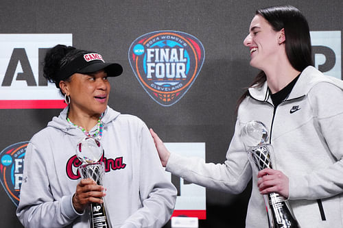 Dawn Staley and Caitlin Clark receiving 2024 Coach and Player of the Year respectively (NCAA Womens Basketball: Final Four AP Player and Coach of the Year - Source: Imagn)