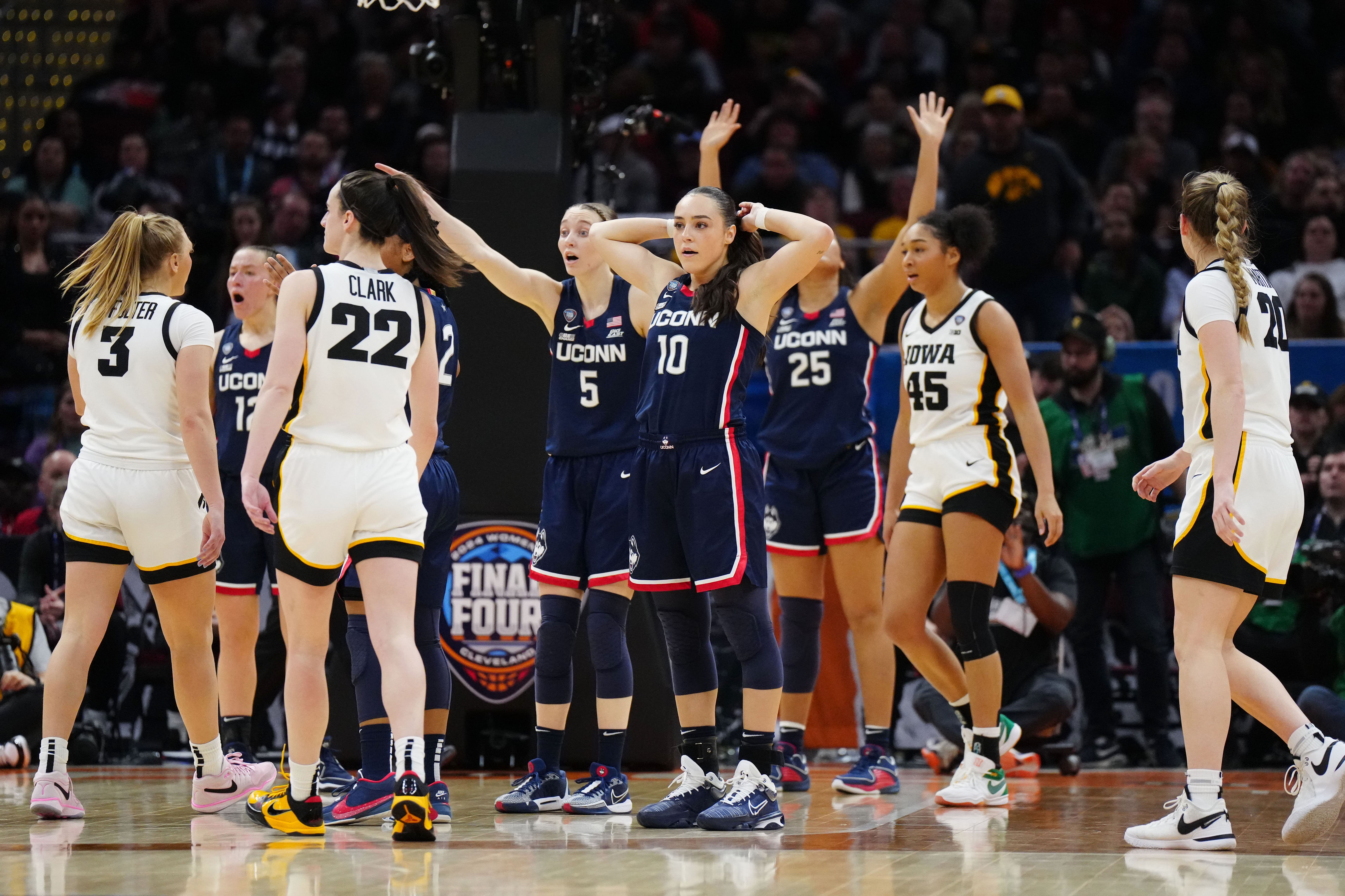 UConn Huskies reacting to a call during last season&#039;s Final Four game. (Image Credits: Kirby Lee, Imagn)