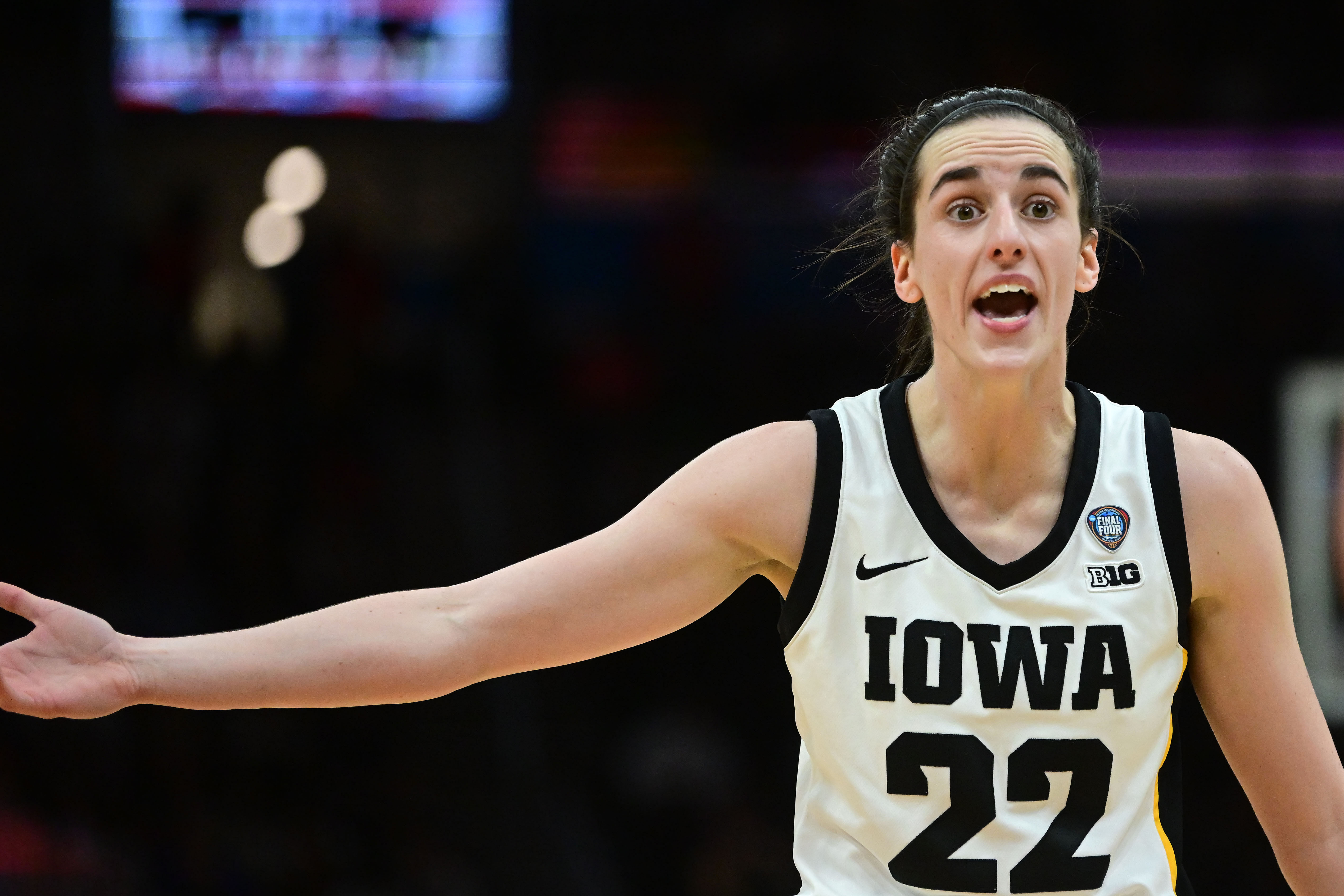 Caitlin Clark complains to the referee during NCAA Womens Basketball: Final Four National Semifinal-Connecticut vs Iowa - Source: Imagn