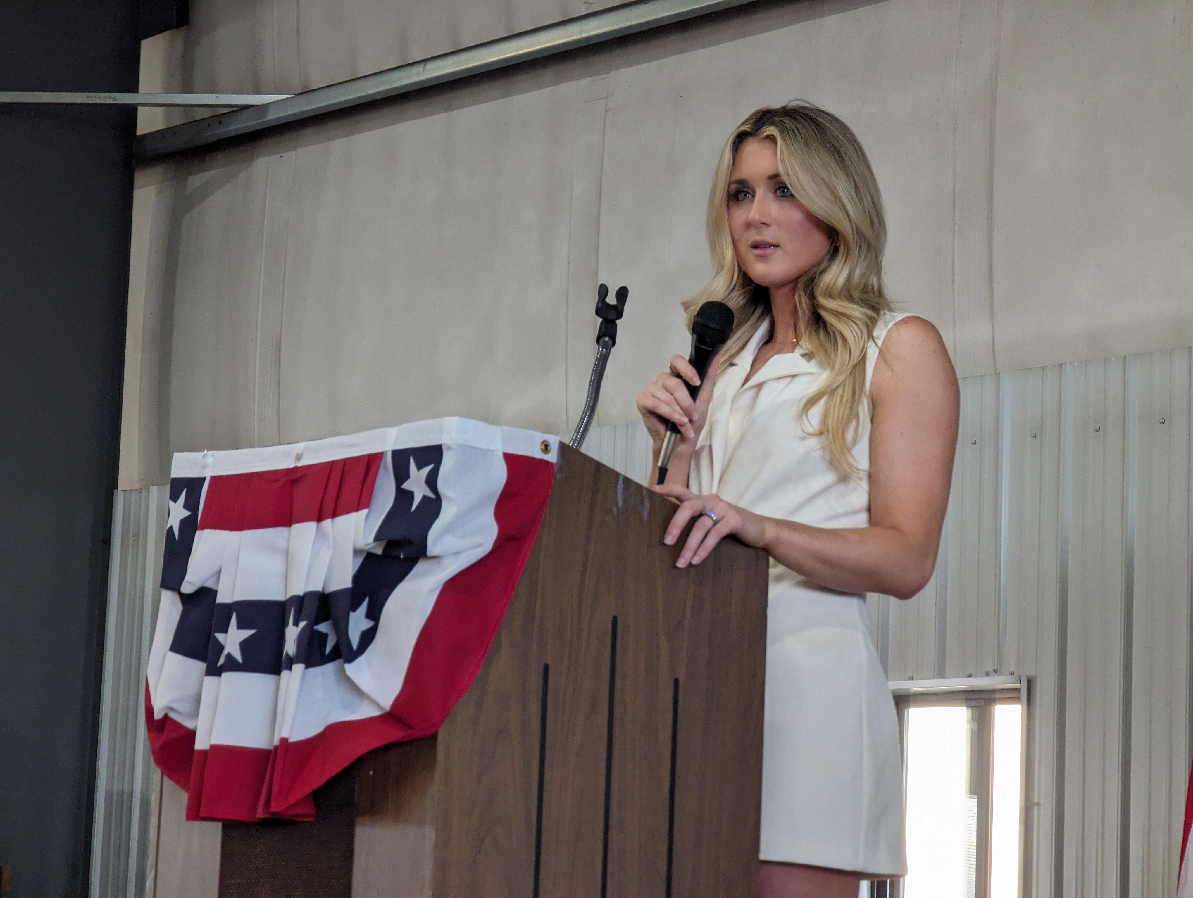 Riley Gaines speaks at the Sandusky and Seneca Counties Annual Lincoln Reagan Hayes Day Dinner on May 8, 2024, as the featured guest at the Frankart Barn. - Source: Imagn