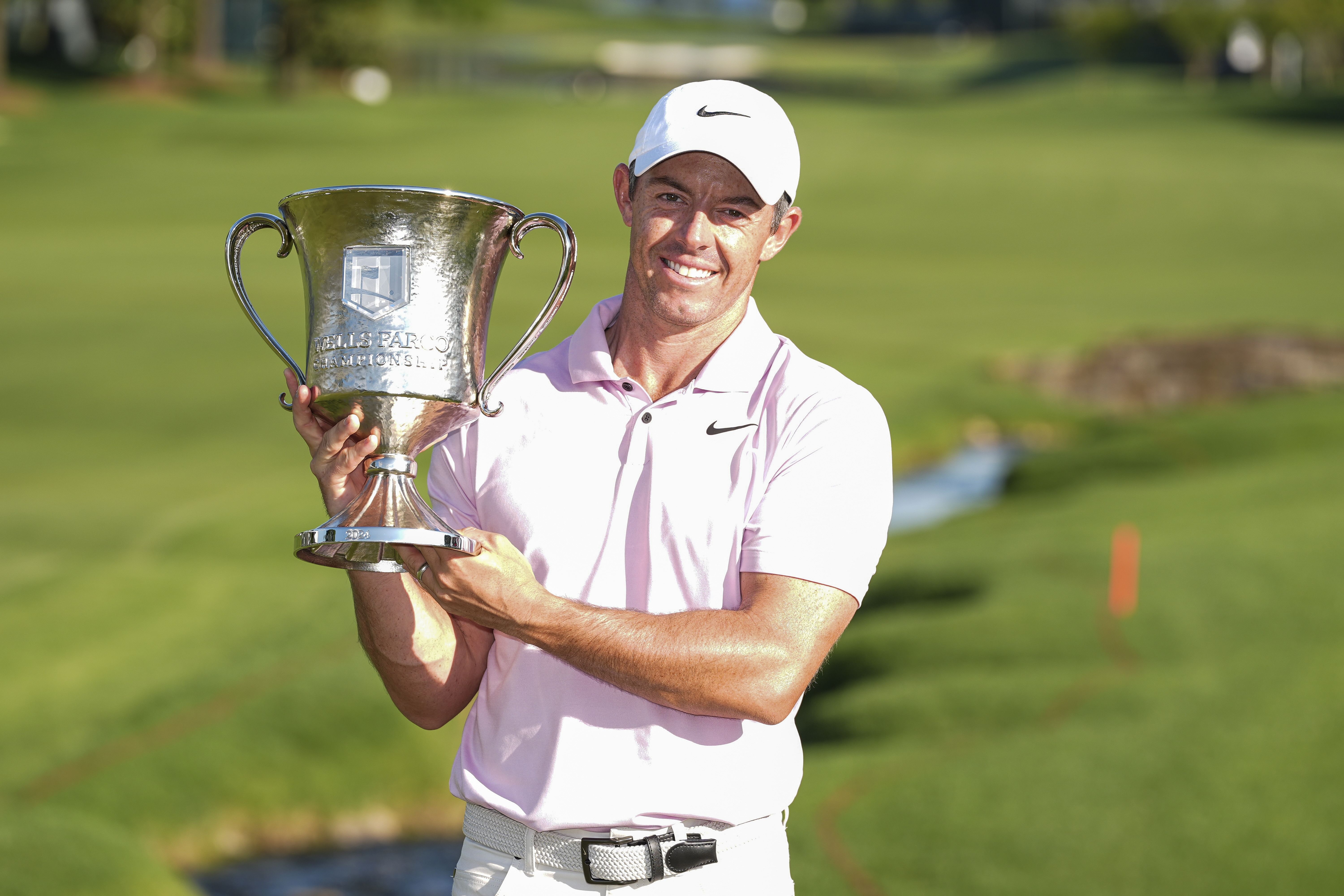 Rory McIlroy with the Wells Fargo Championship trophy - Final Round - Source: Imagn