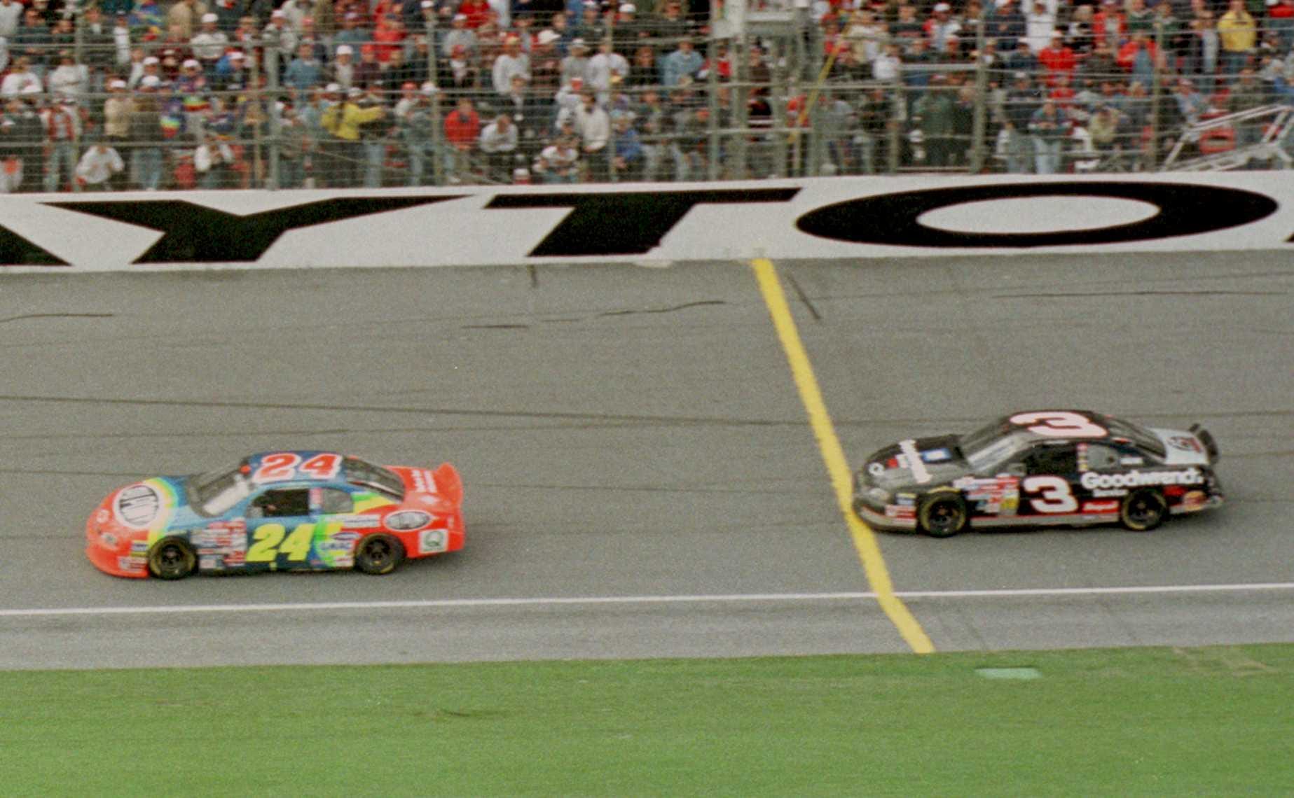 Jeff Gordon beats Dale Earnhardt to the finish line in the Daytona 500 on Feb. 14, 1999. - Source: Imagn