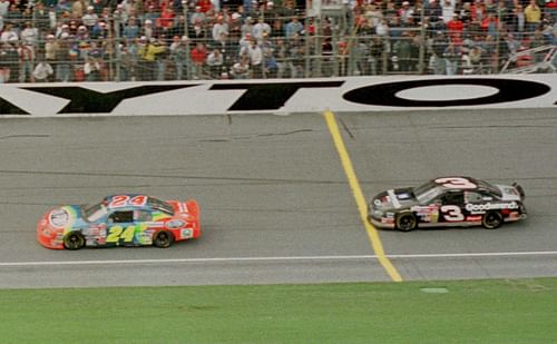 Jeff Gordon beats Dale Earnhardt to the finish line in the Daytona 500 on Feb. 14, 1999. - Source: Imagn