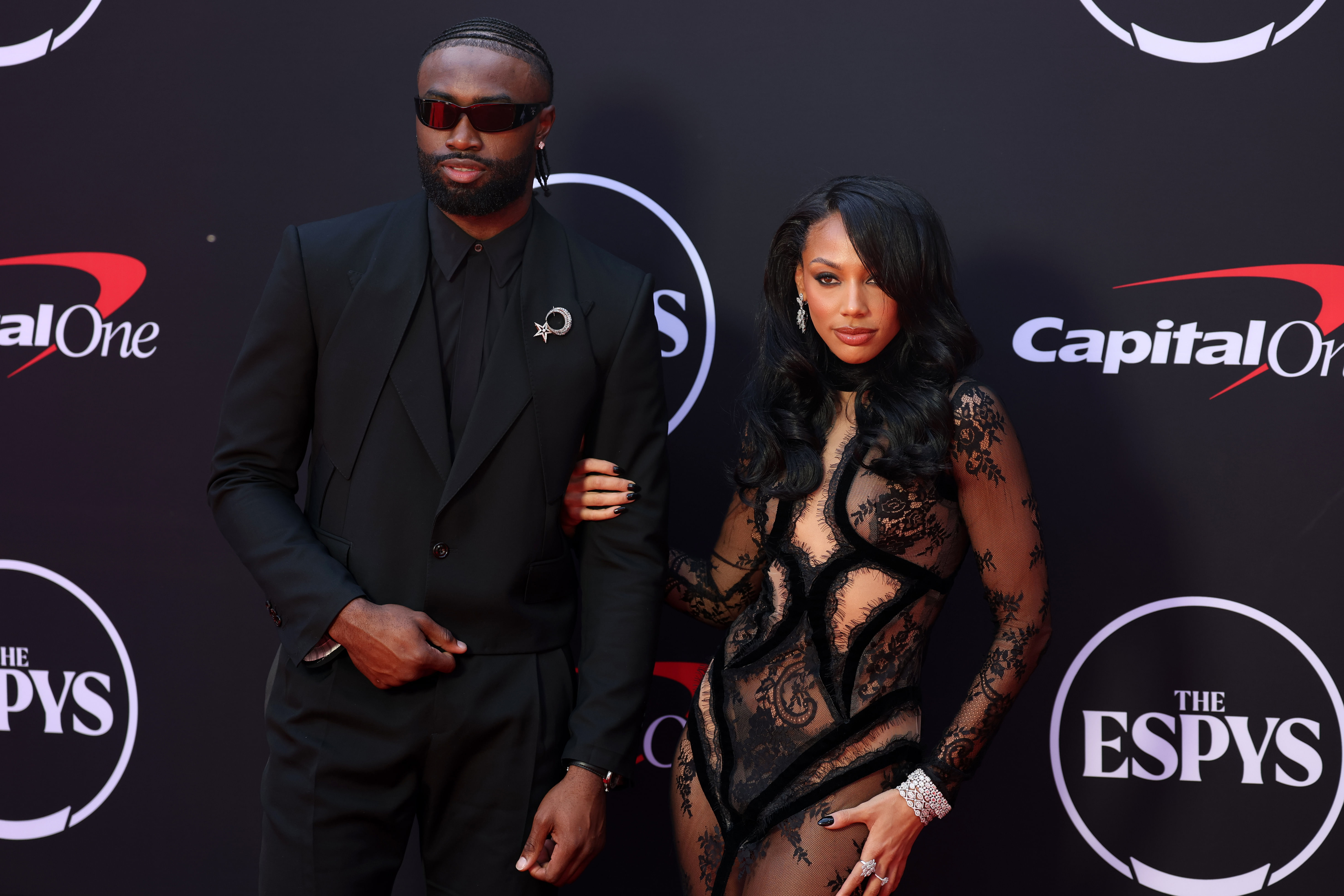 Jaylen Brown and Kysre Gondrezick arrive on the red carpet before the 2024 ESPYS. Photo Credit: Imagn