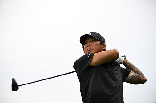 Anthony Kim hits his tee shot on the 17th hole at The Old White during the LIV Golf Greenbrier. (Image Source: Imagn)