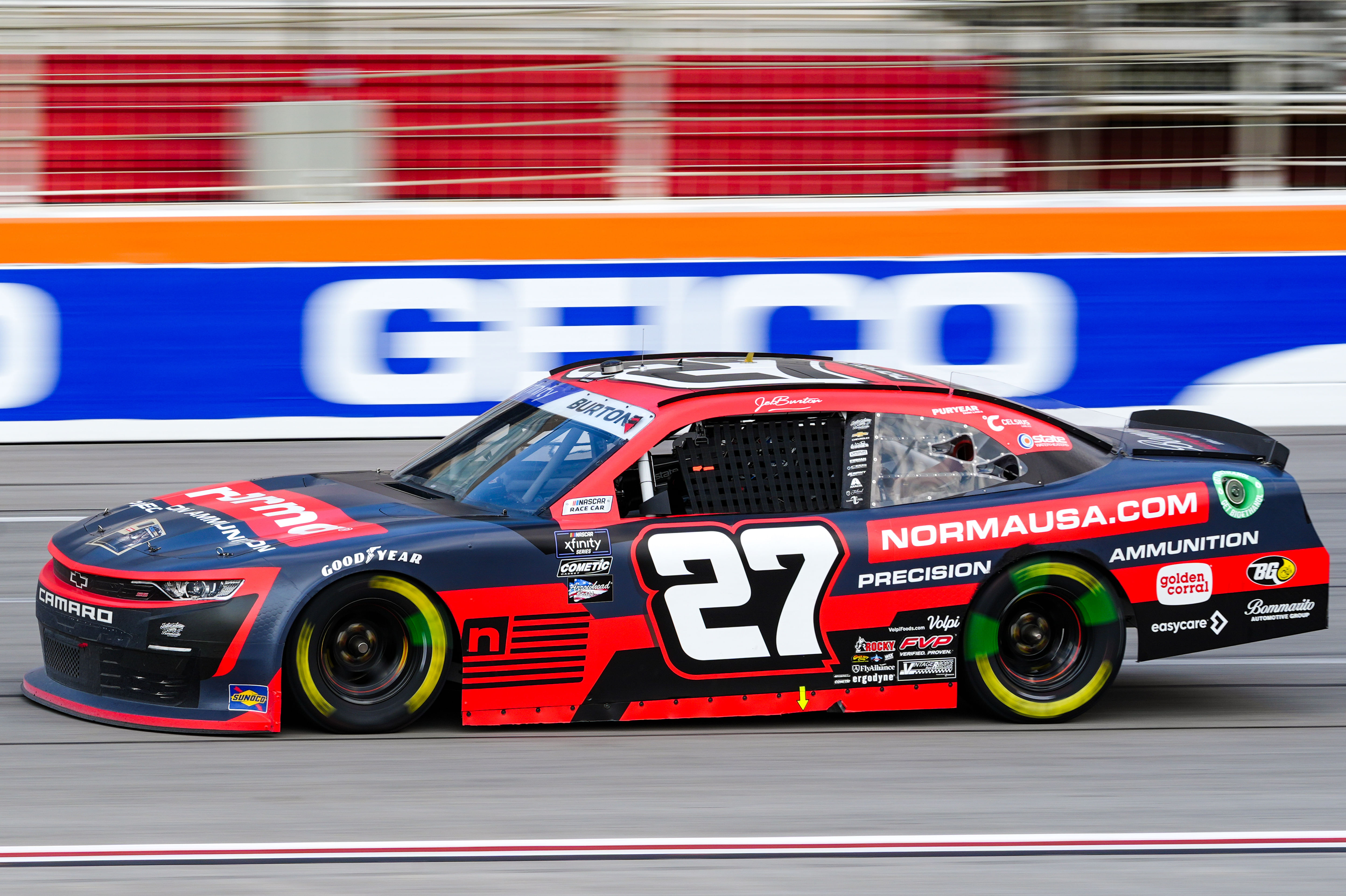 Xfinity Series driver Jeb Burton (27) coming down the stretch at Atlanta Motor Speedway. Mandatory Credit: Jason Allen-Imagn Images