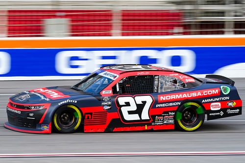 Xfinity Series driver Jeb Burton (27) coming down the stretch at Atlanta Motor Speedway. Mandatory Credit: Jason Allen-Imagn Images