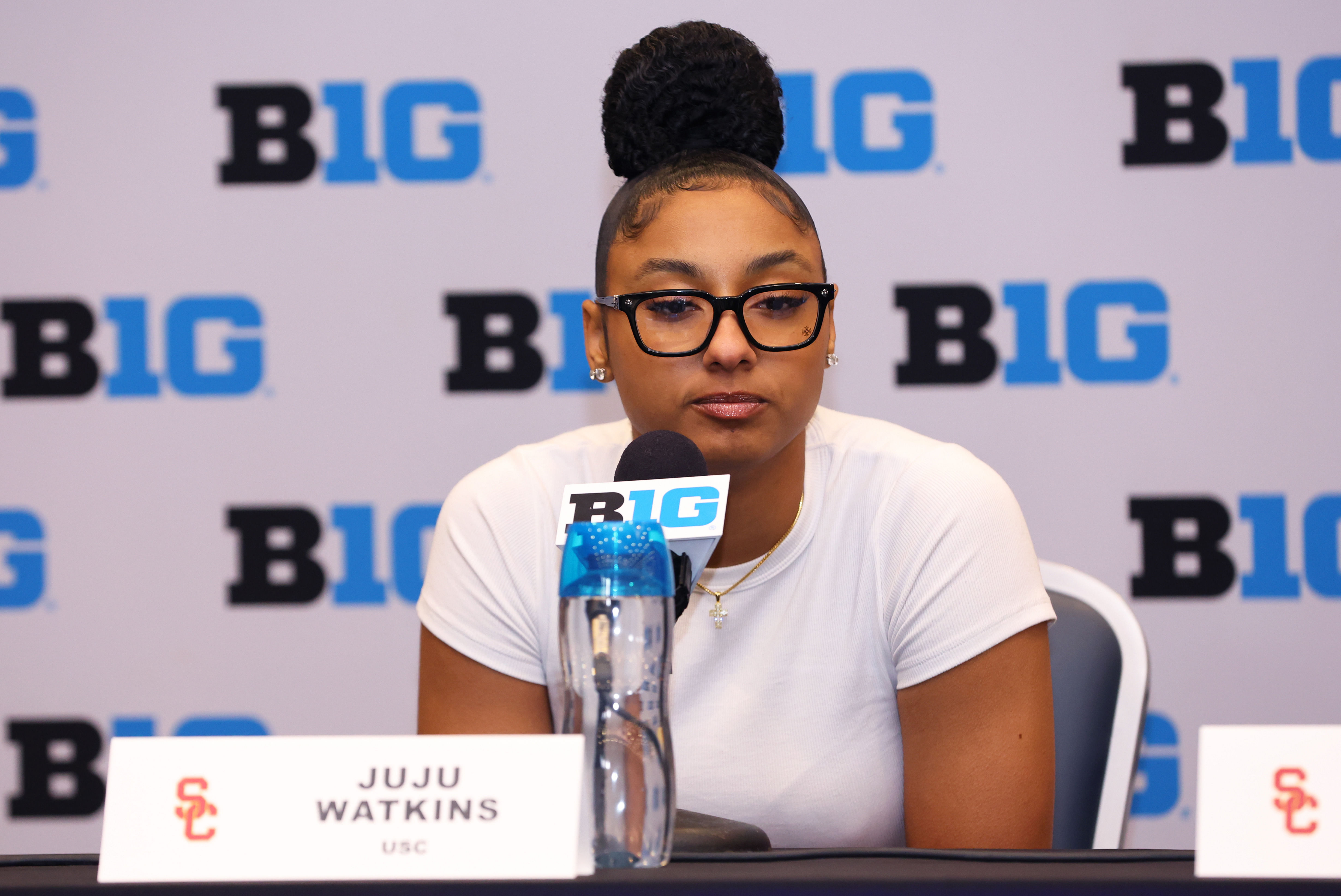 USC&#039;s JuJu Watkins takes a question during the 2024 Big Ten Women&iacute;s Basketball media day. Photo: Imagn